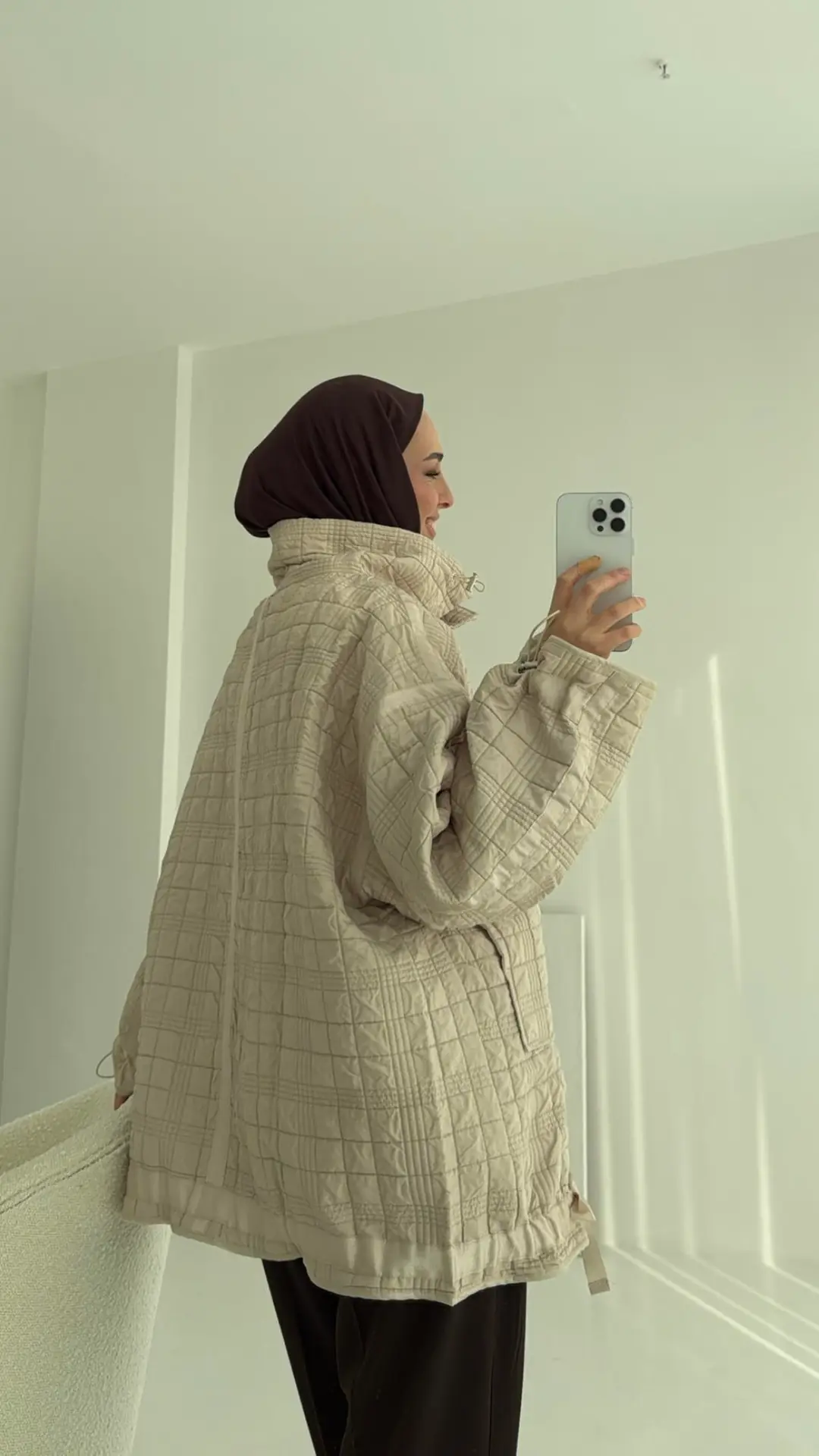 Kapitone Oversize Kol Detay Ceket Bej
