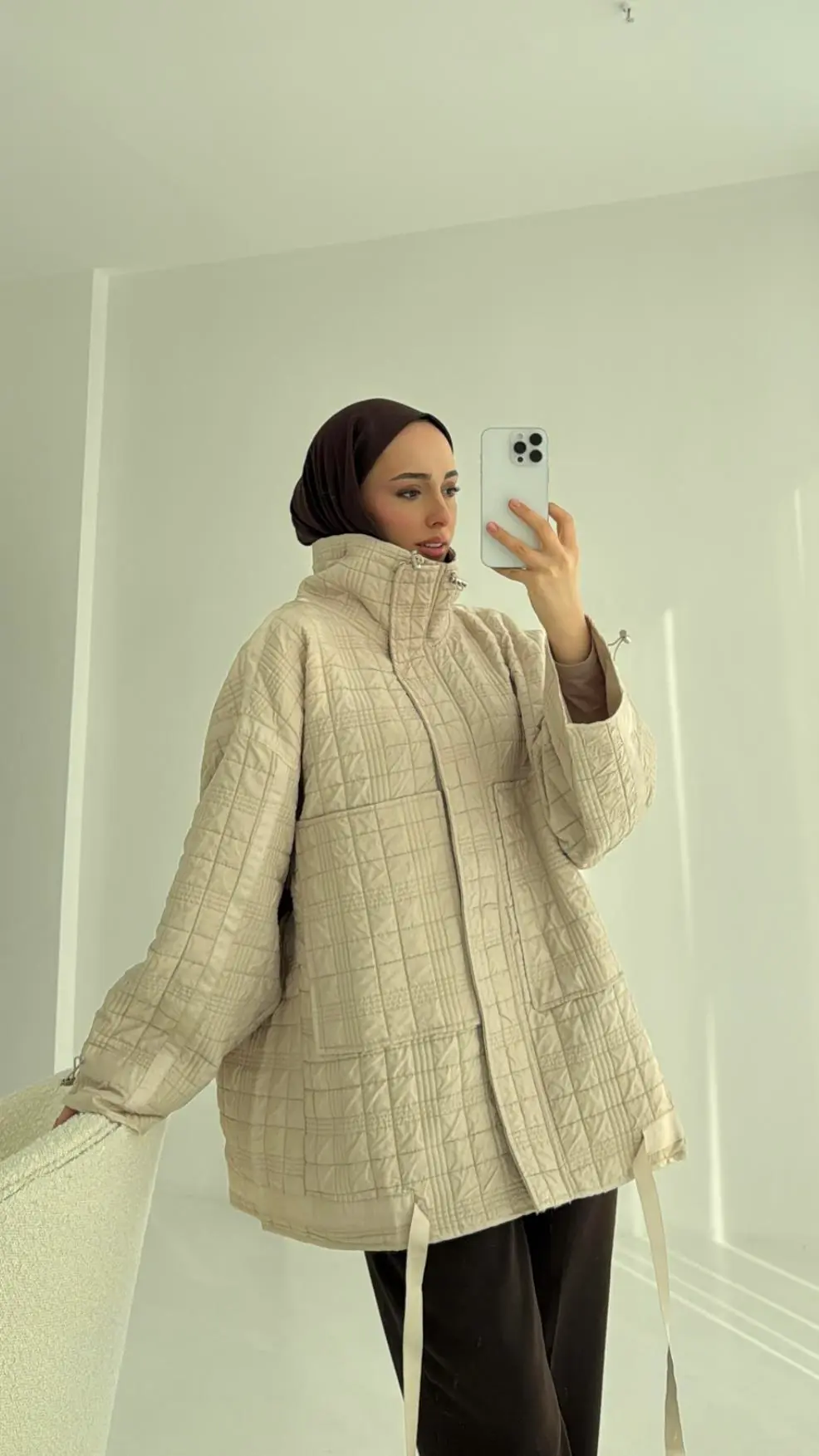 Kapitone Oversize Kol Detay Ceket Bej