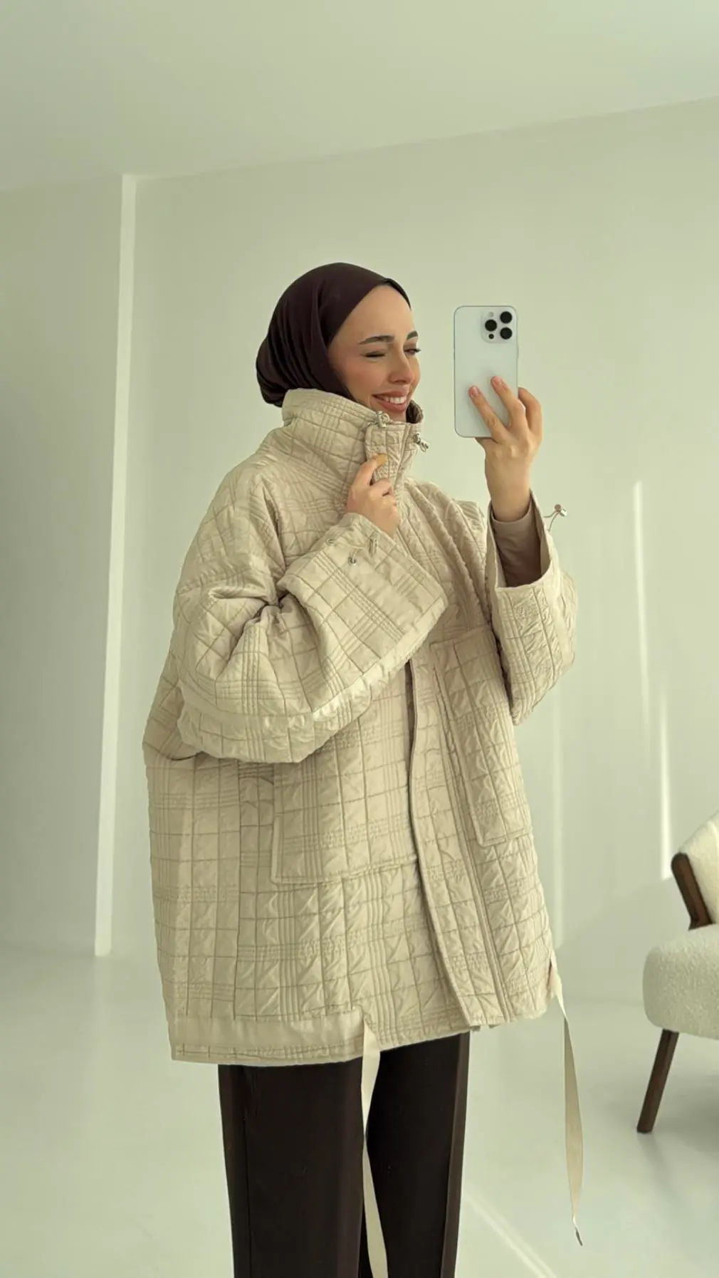 Kapitone Oversize Kol Detay Ceket Bej