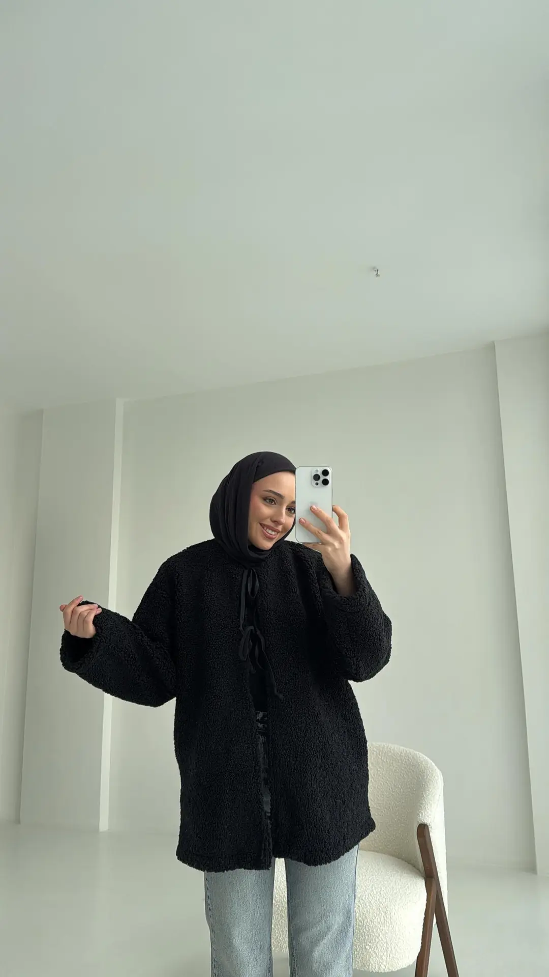 Teddy Bağlamalı Ceket Siyah