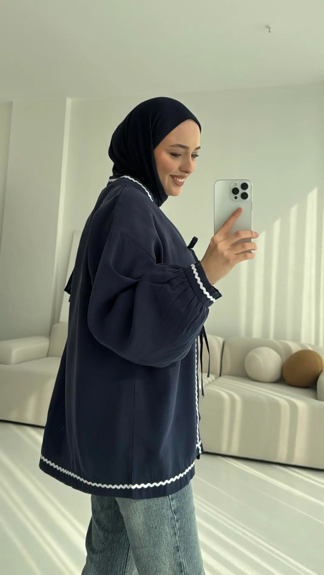 Lacivert Bağlamalı Dantel Detay Kimono