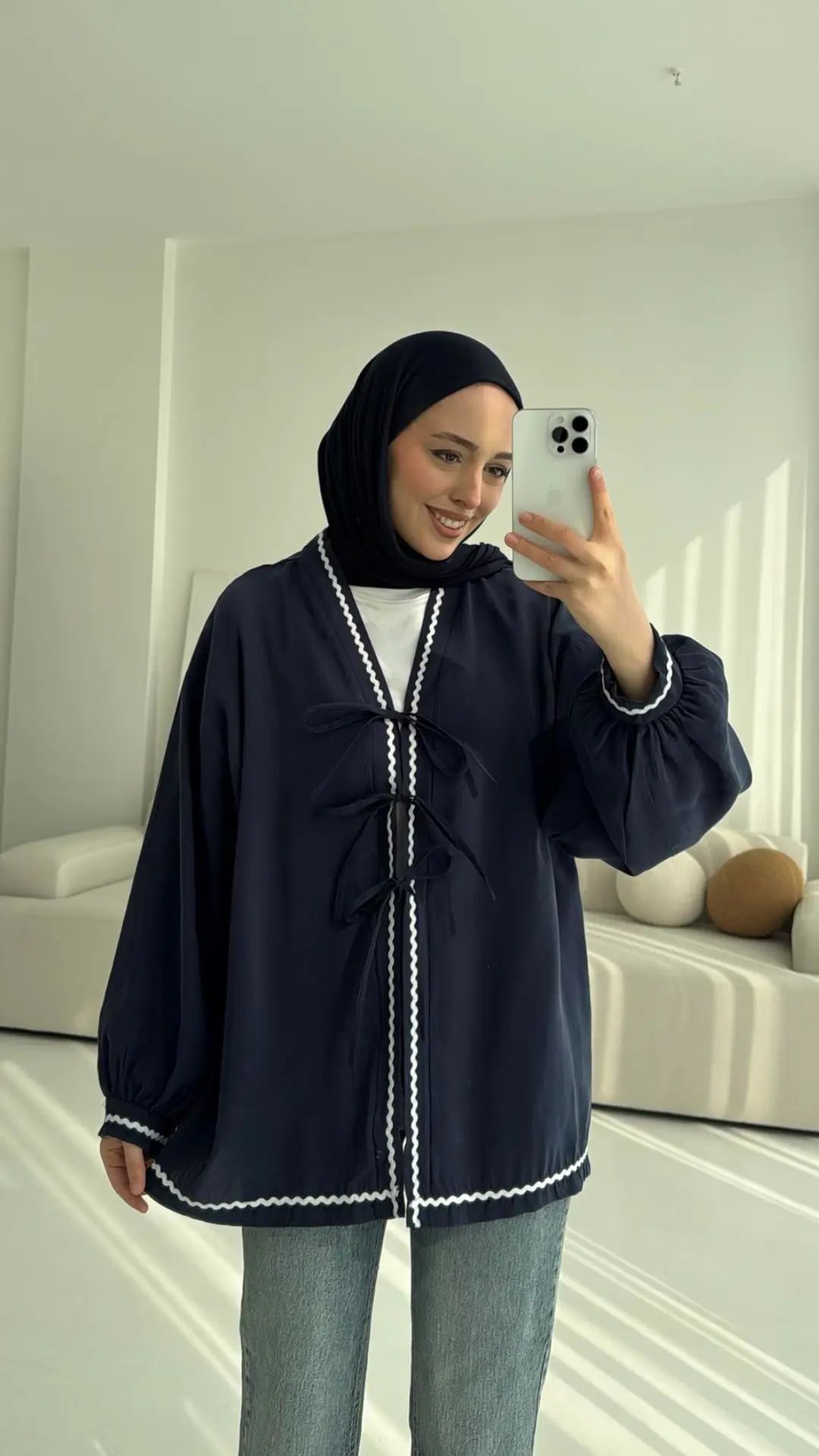 Lacivert Bağlamalı Dantel Detay Kimono