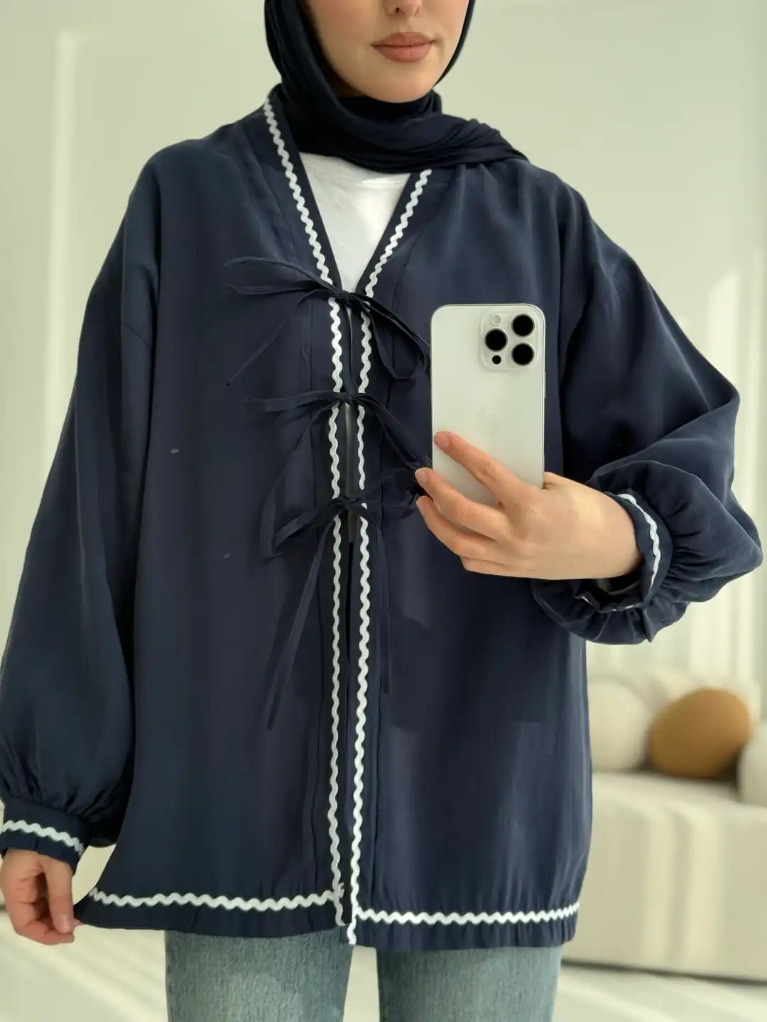Lacivert Bağlamalı Dantel Detay Kimono