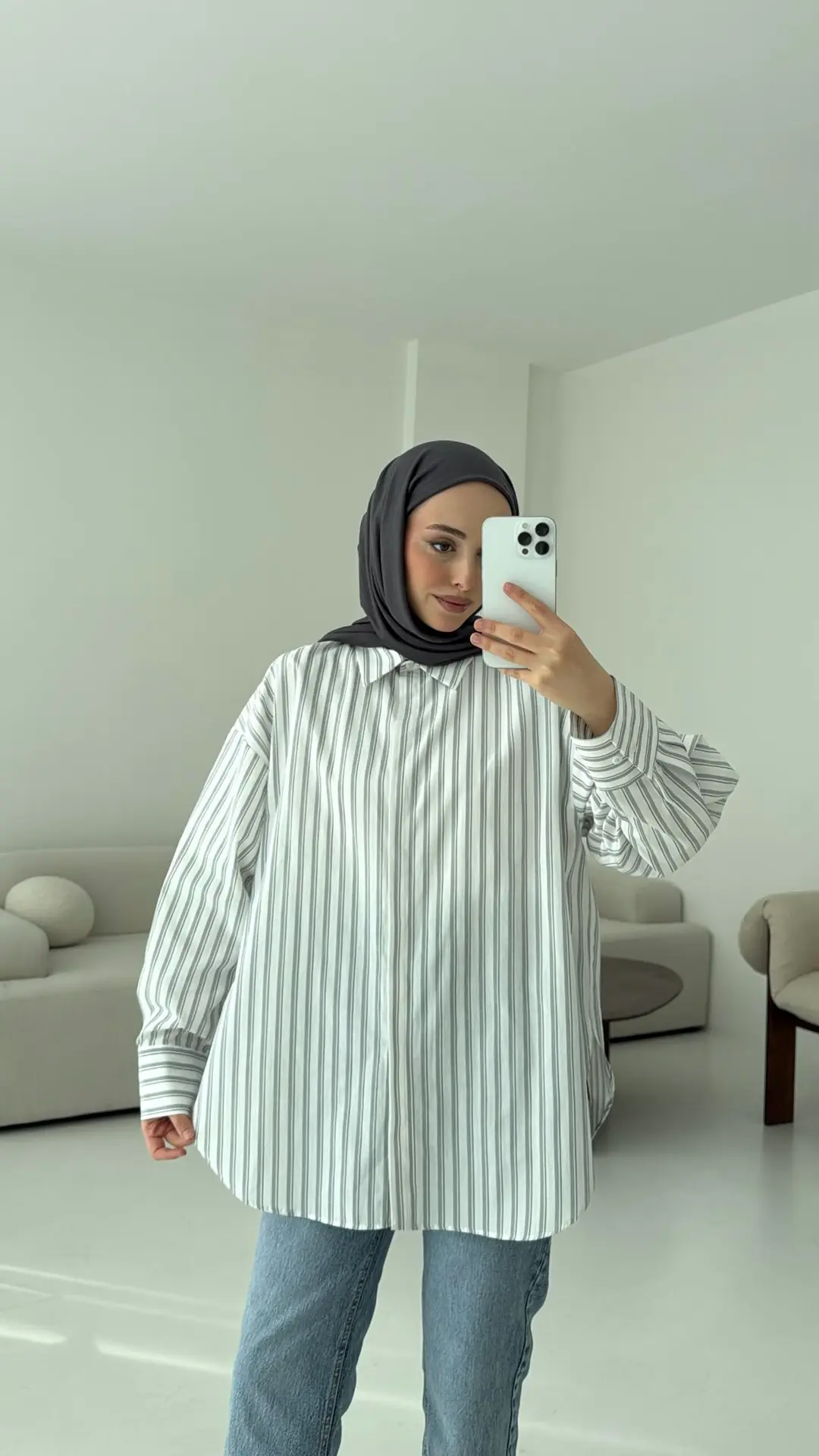 Oxford Çizgili Gömlek Ekru/Gri