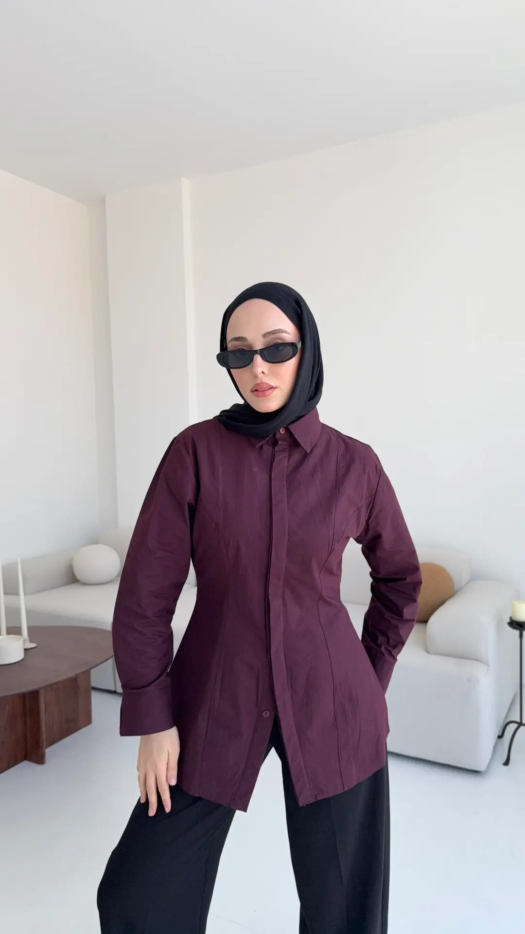 Belden Oturtmalı Poplin Gömlek Bordo