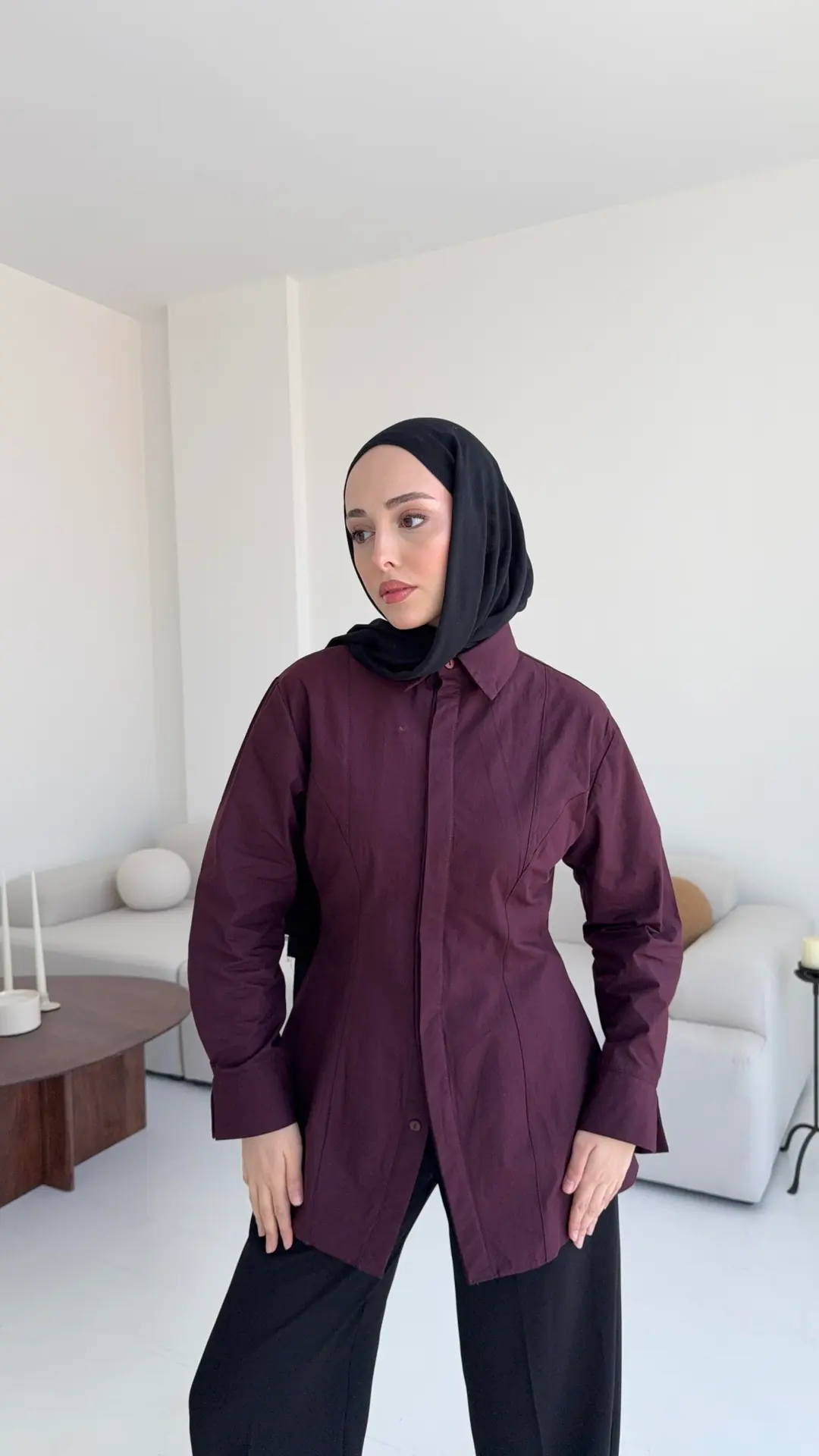 Belden Oturtmalı Poplin Gömlek Bordo
