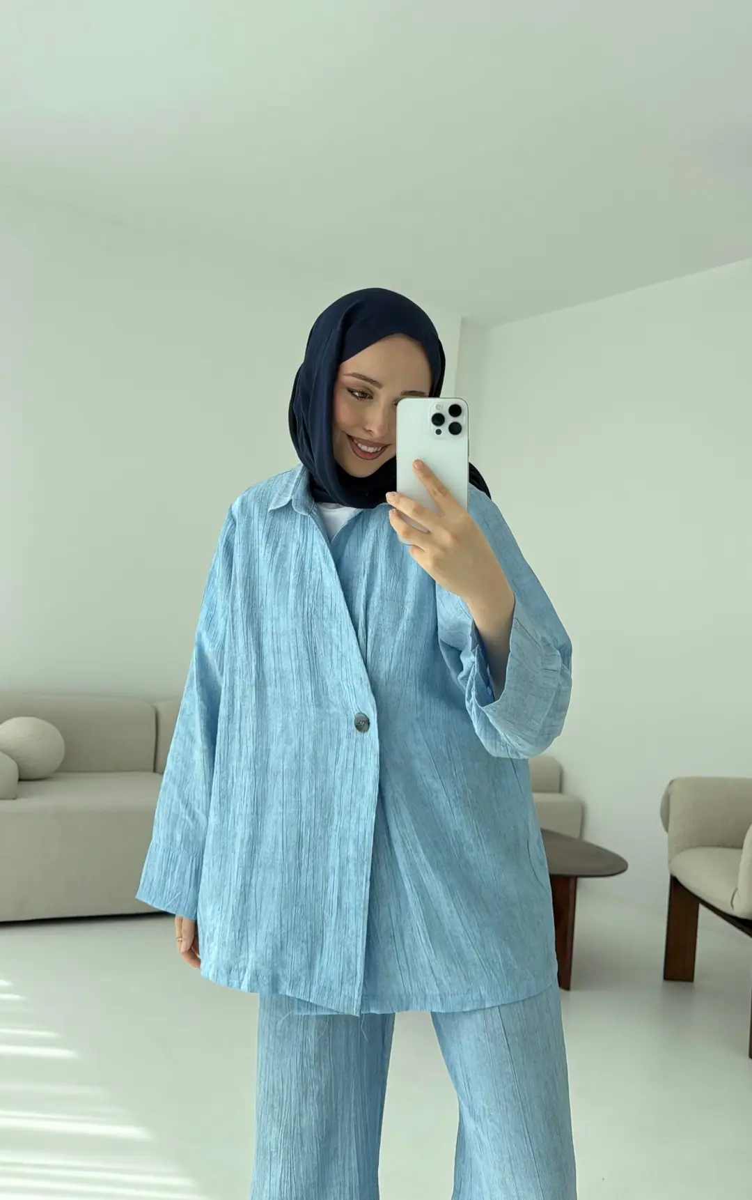 Düğme Detay Yazlık Takım Mavi