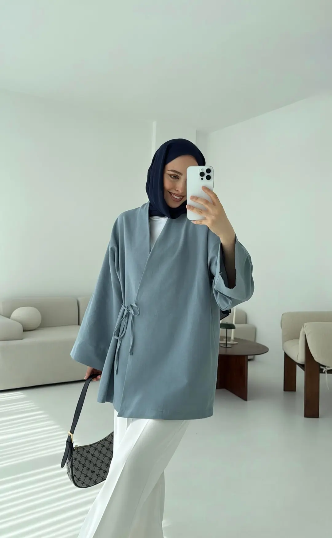 Pamuk Keten Yandan Bağlamalı Kimono Mavi