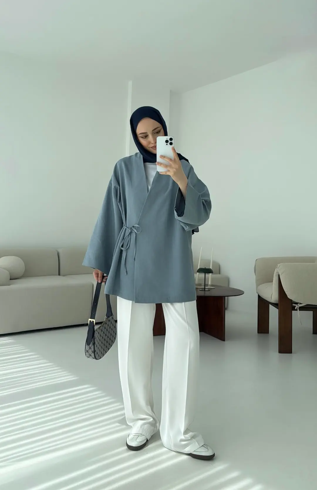 Pamuk Keten Yandan Bağlamalı Kimono Mavi