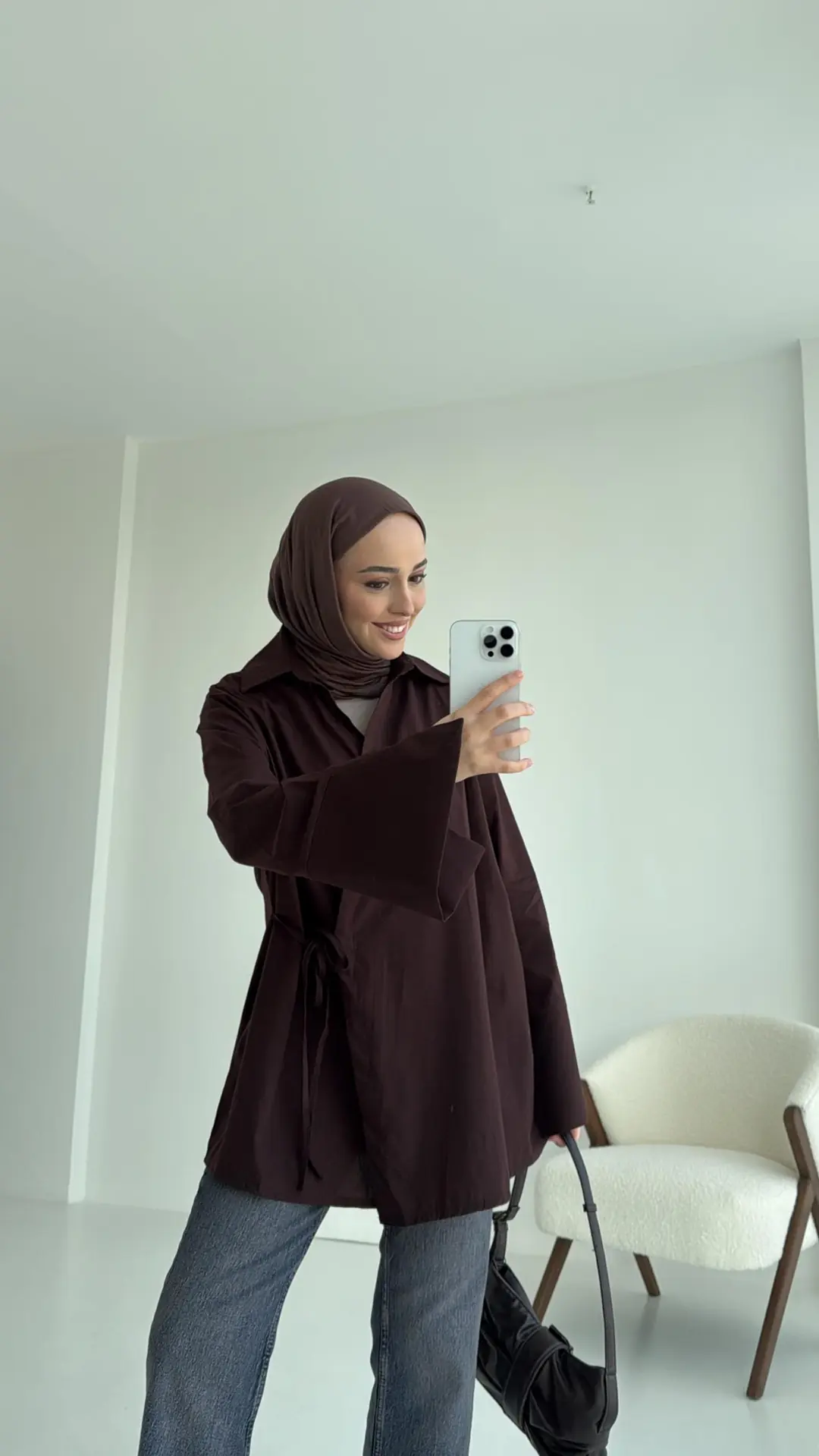 Kolları Yırtmaç Detay Yandan Bağlamalı Gömlek Acı Kahve