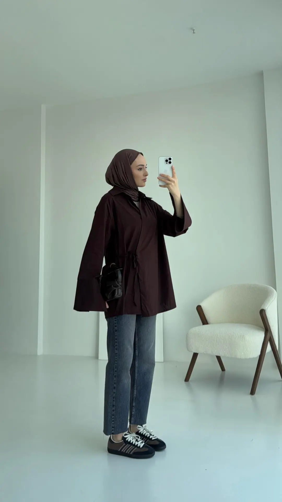 Kolları Yırtmaç Detay Yandan Bağlamalı Gömlek Acı Kahve