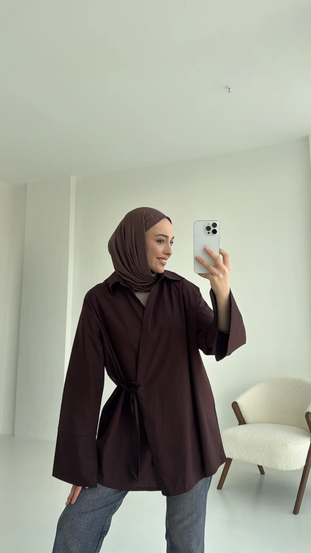 Kolları Yırtmaç Detay Yandan Bağlamalı Gömlek Acı Kahve