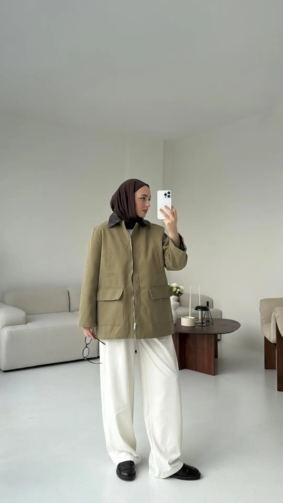 Yakası Deri İçi Kapitone Olive