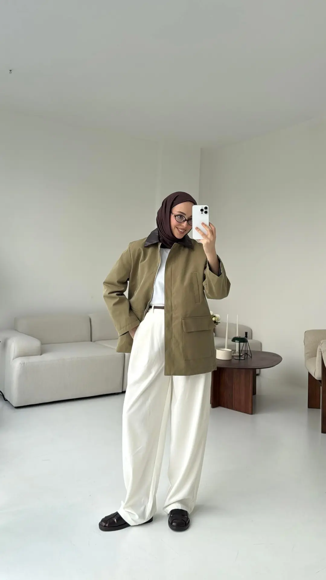 Yakası Deri İçi Kapitone Olive