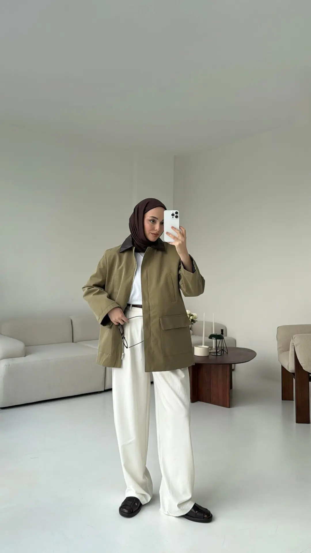 Yakası Deri İçi Kapitone Olive