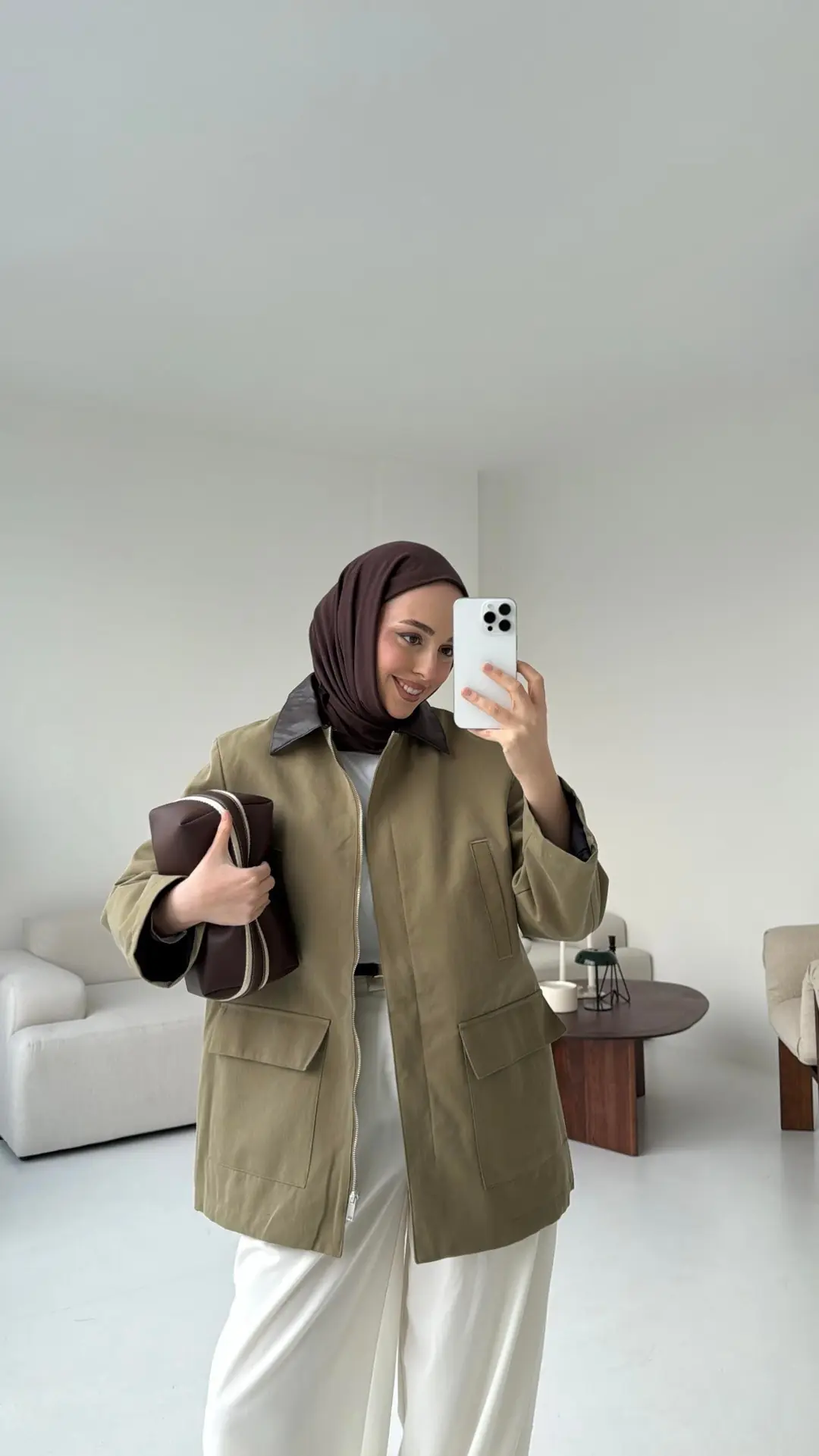Yakası Deri İçi Kapitone Olive