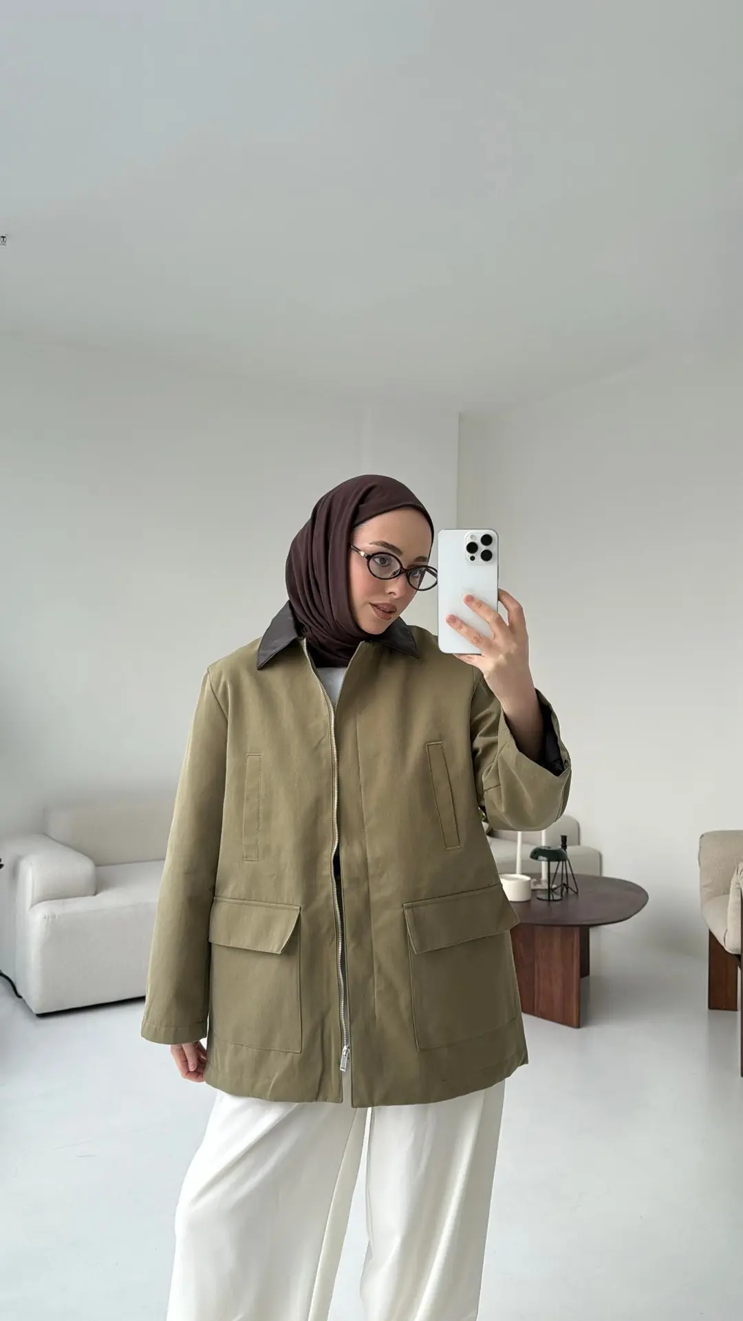 Yakası Deri İçi Kapitone Olive