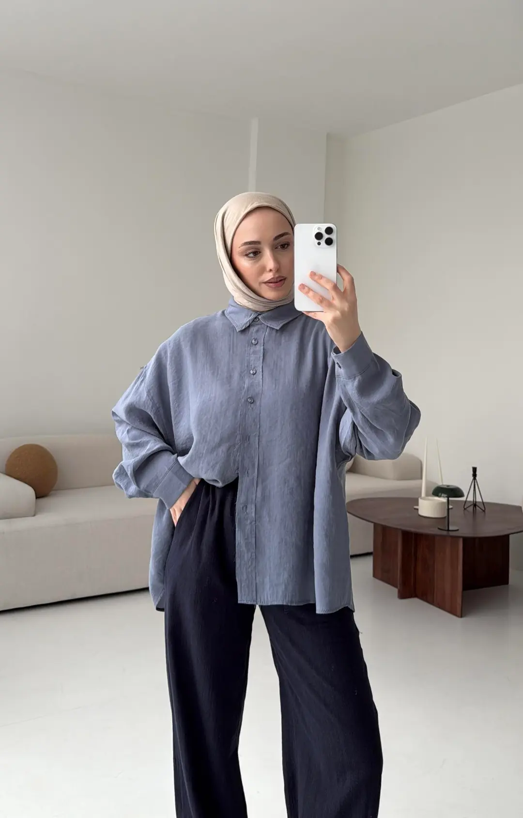 Tencel Pis Dikiş Oversize Mavi Gömlek