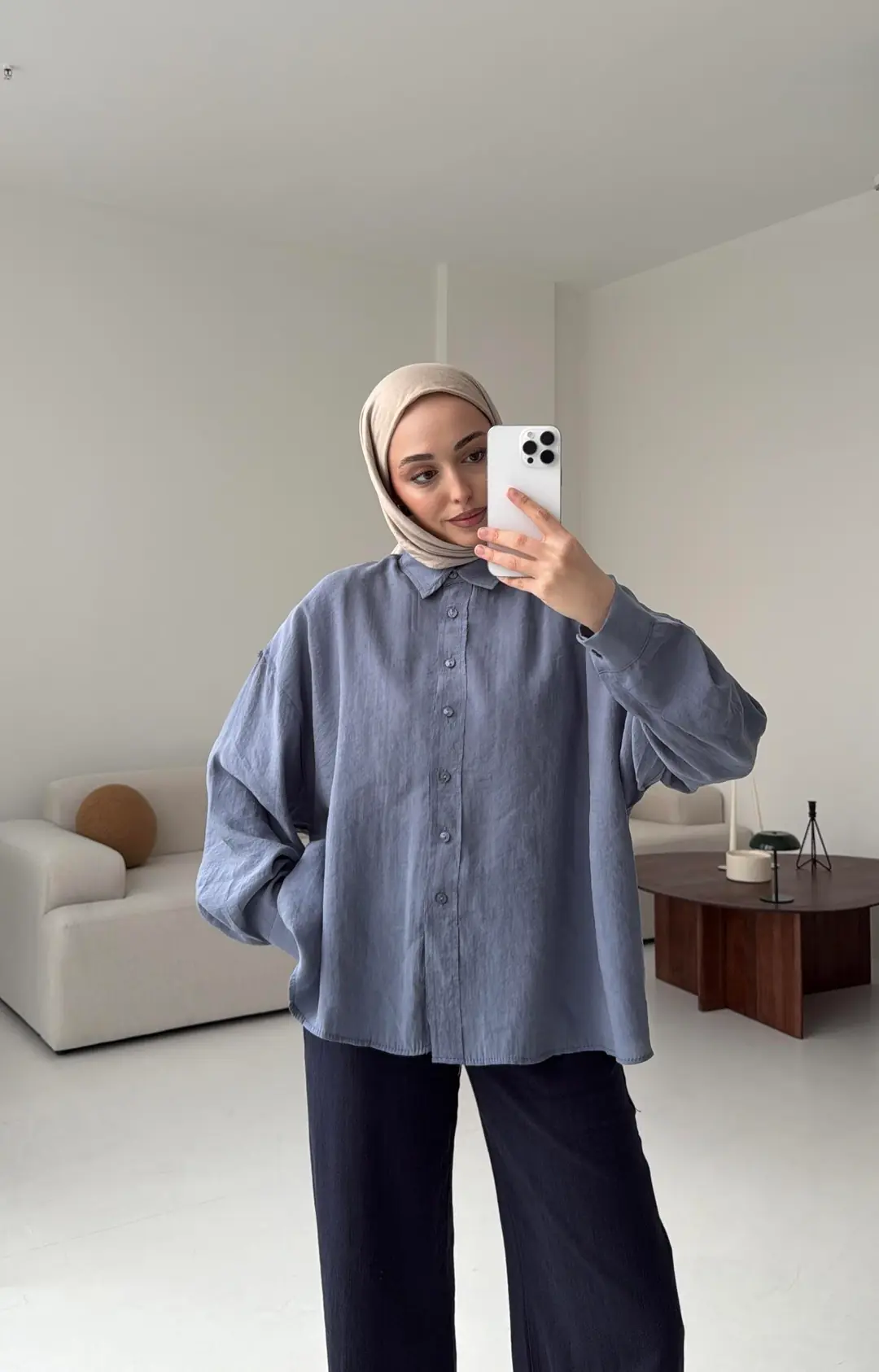 Tencel Pis Dikiş Oversize Mavi Gömlek
