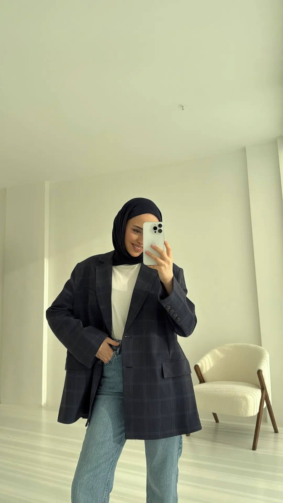 Ekose Oversize Blazer Ceket Lacivert