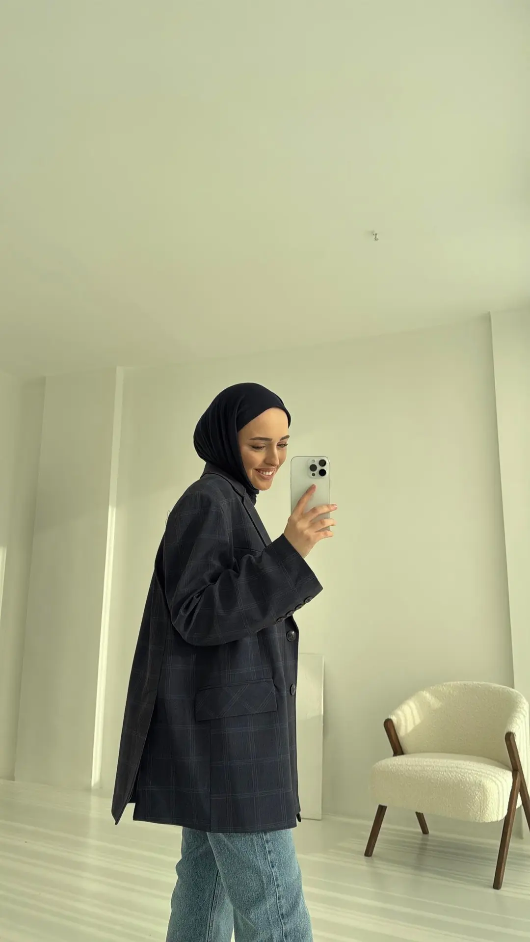 Ekose Oversize Blazer Ceket Lacivert