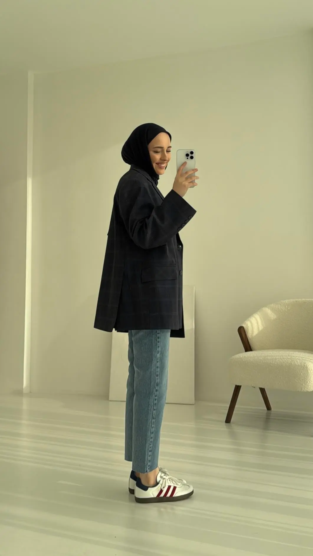 Ekose Oversize Blazer Ceket Lacivert