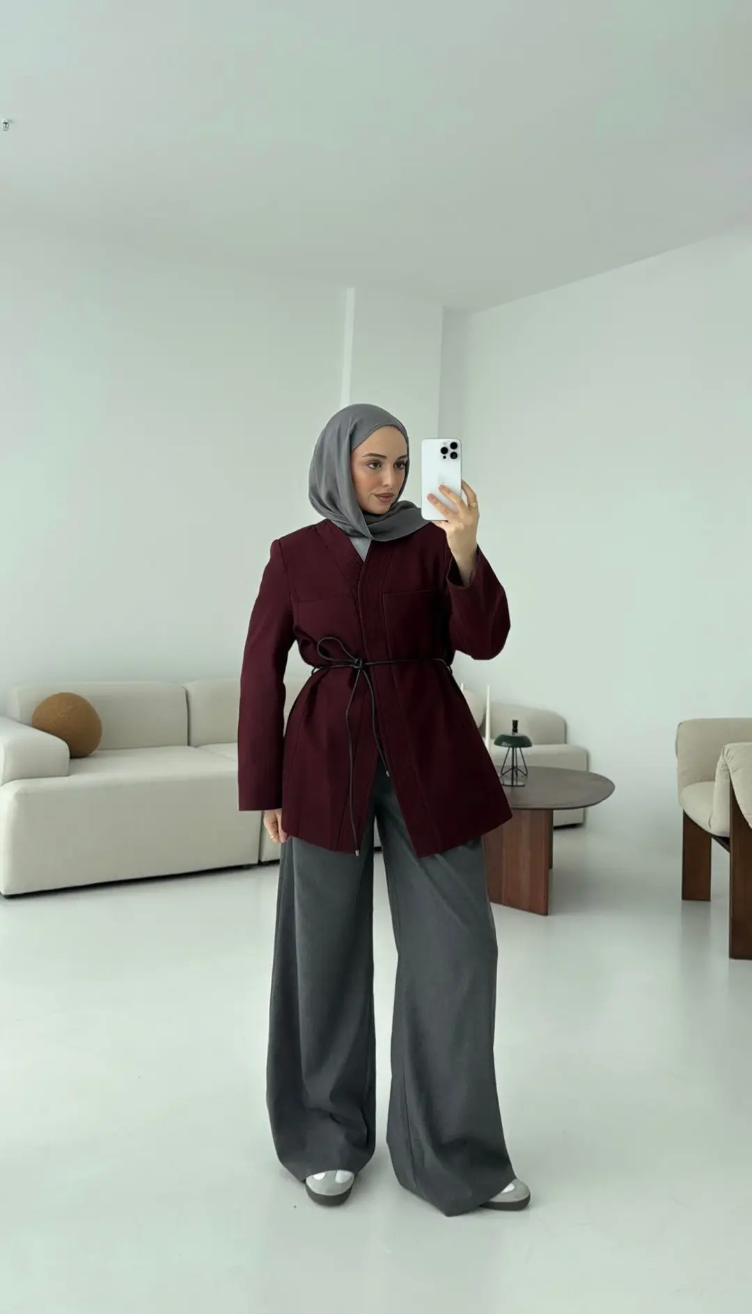 Gabardin Kemerli Ceket Bordo