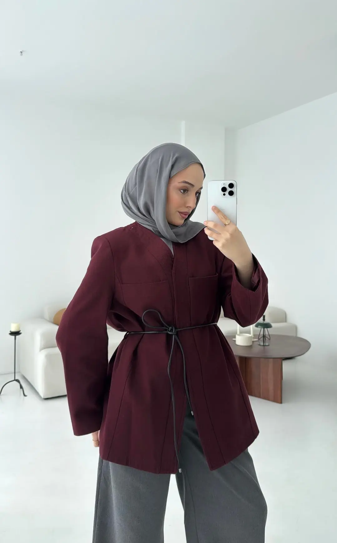 Gabardin Kemerli Ceket Bordo