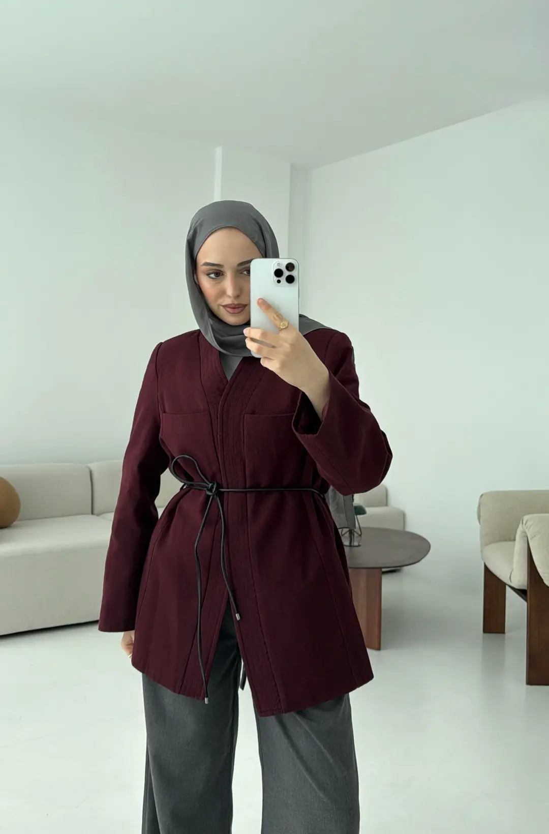 Gabardin Kemerli Ceket Bordo