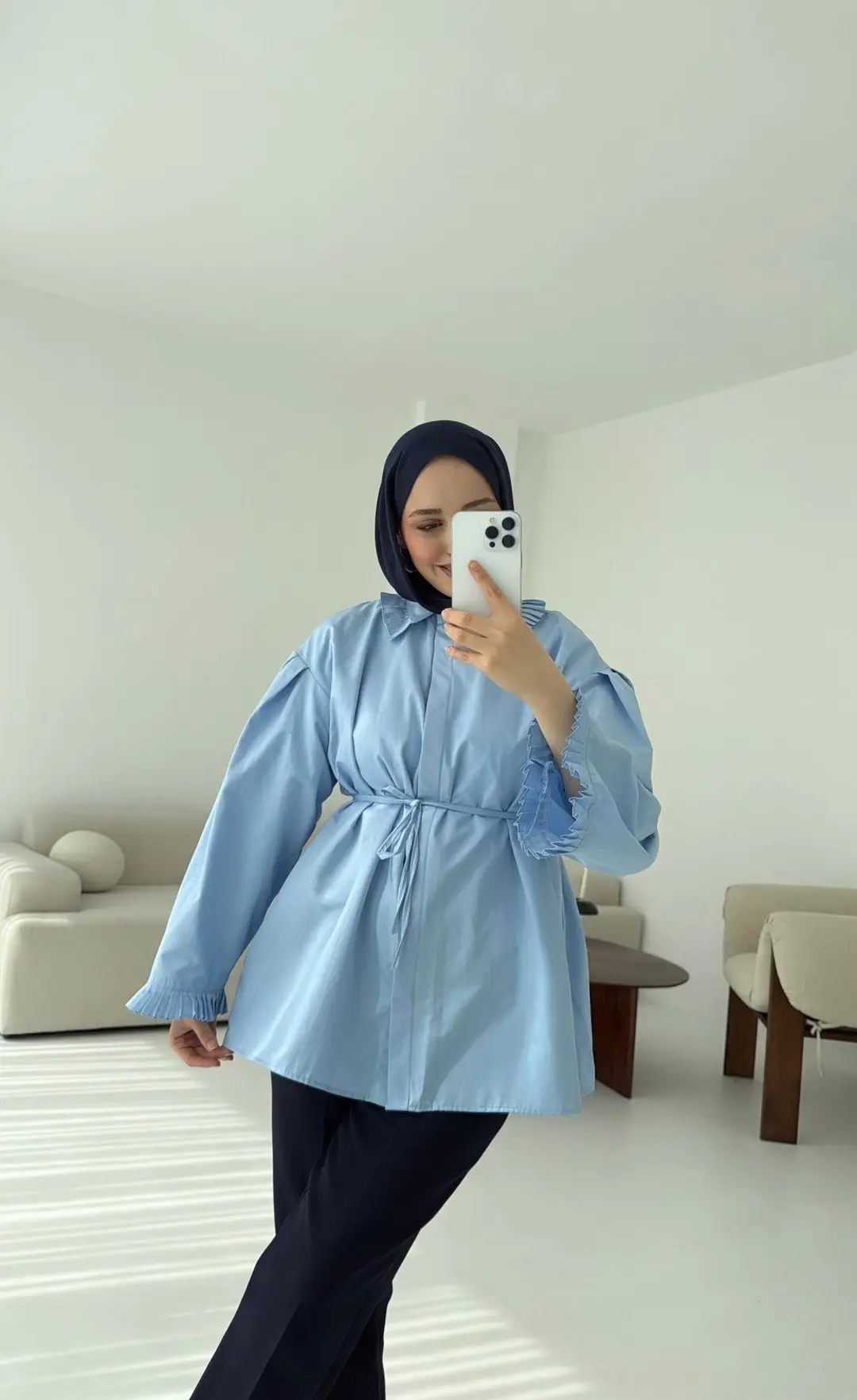 Pilise Detaylı Gömlek Mavi