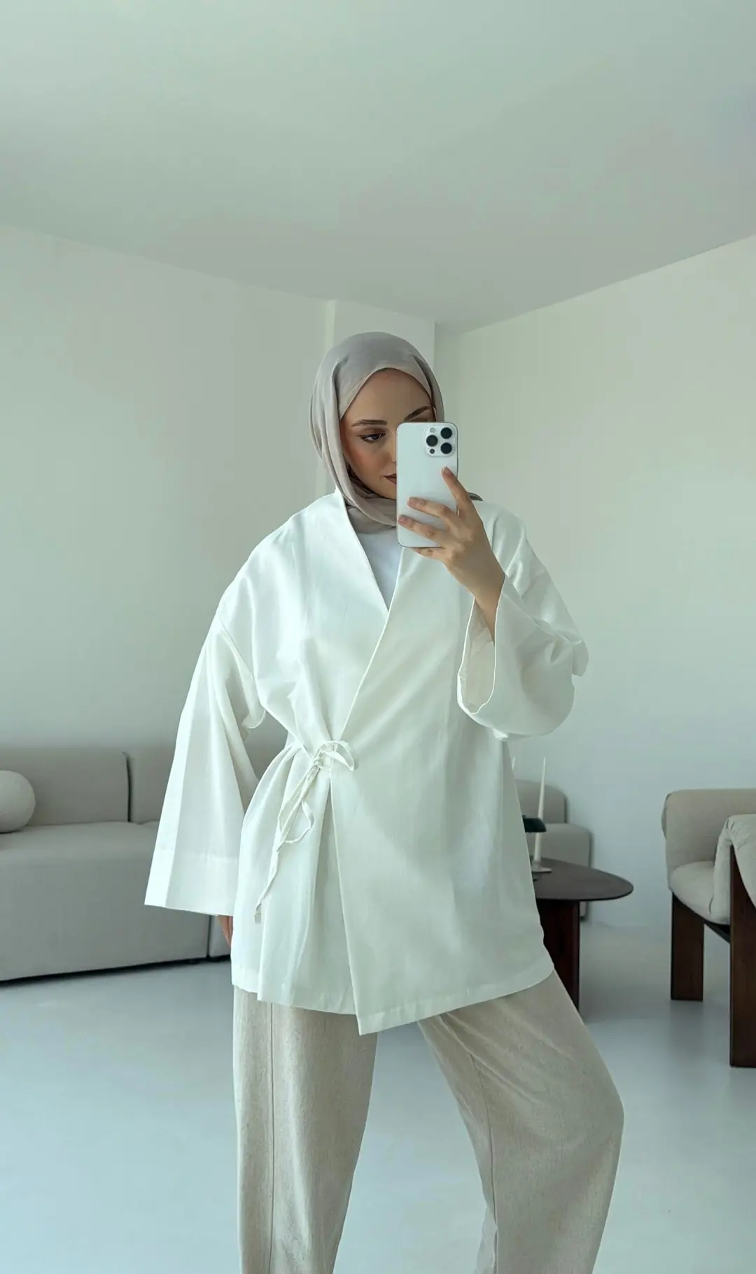 Pamuk Keten Yandan Bağlamalı Kimono Beyaz