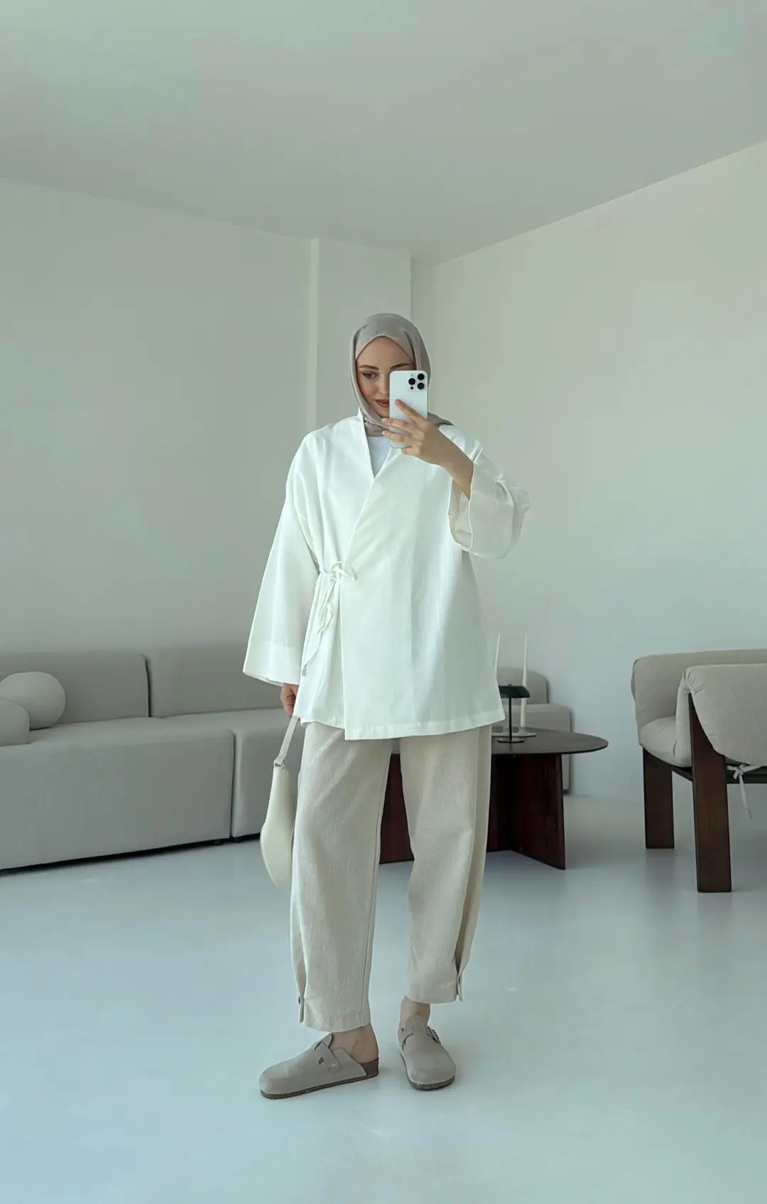 Pamuk Keten Yandan Bağlamalı Kimono Beyaz