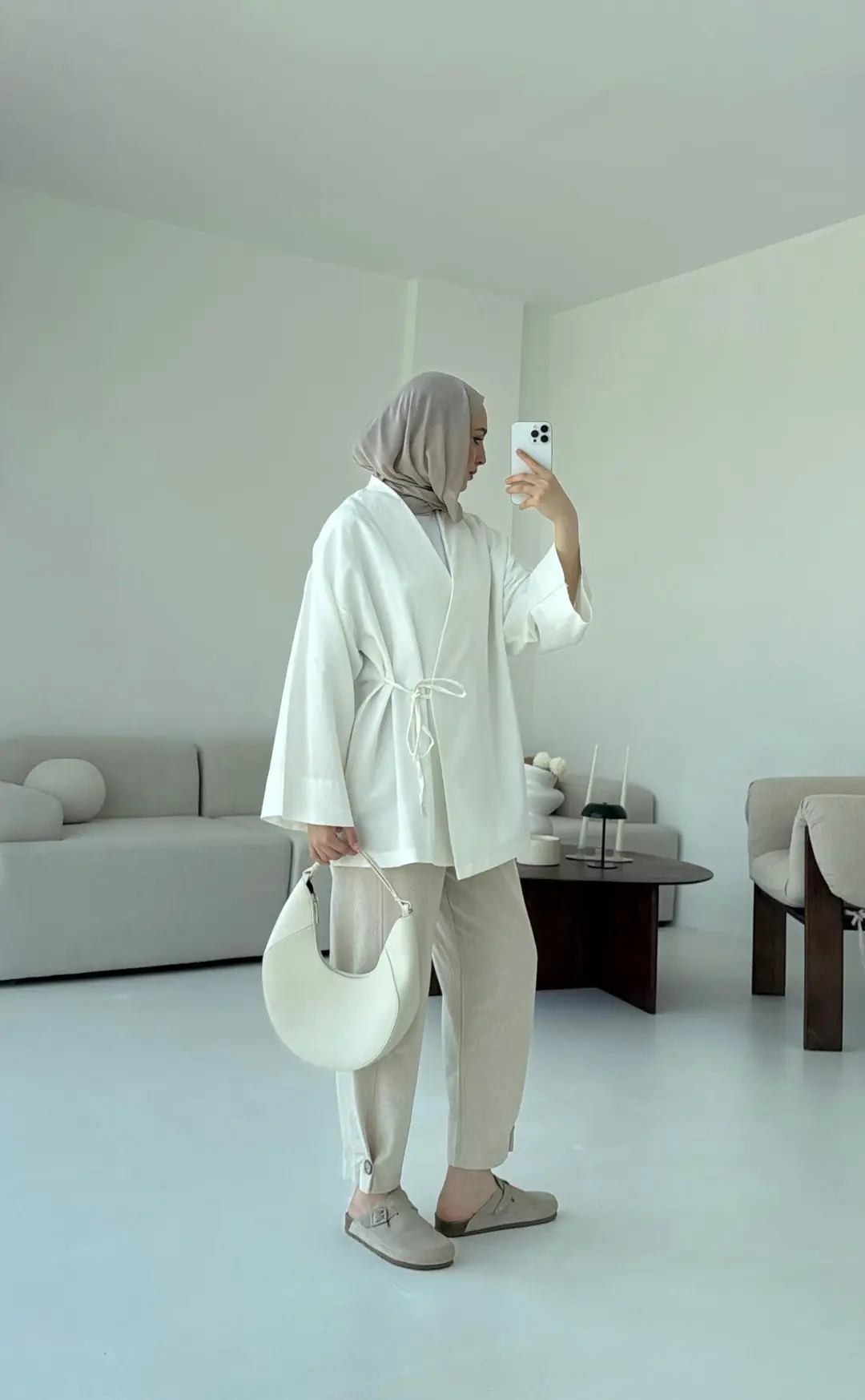 Pamuk Keten Yandan Bağlamalı Kimono Beyaz