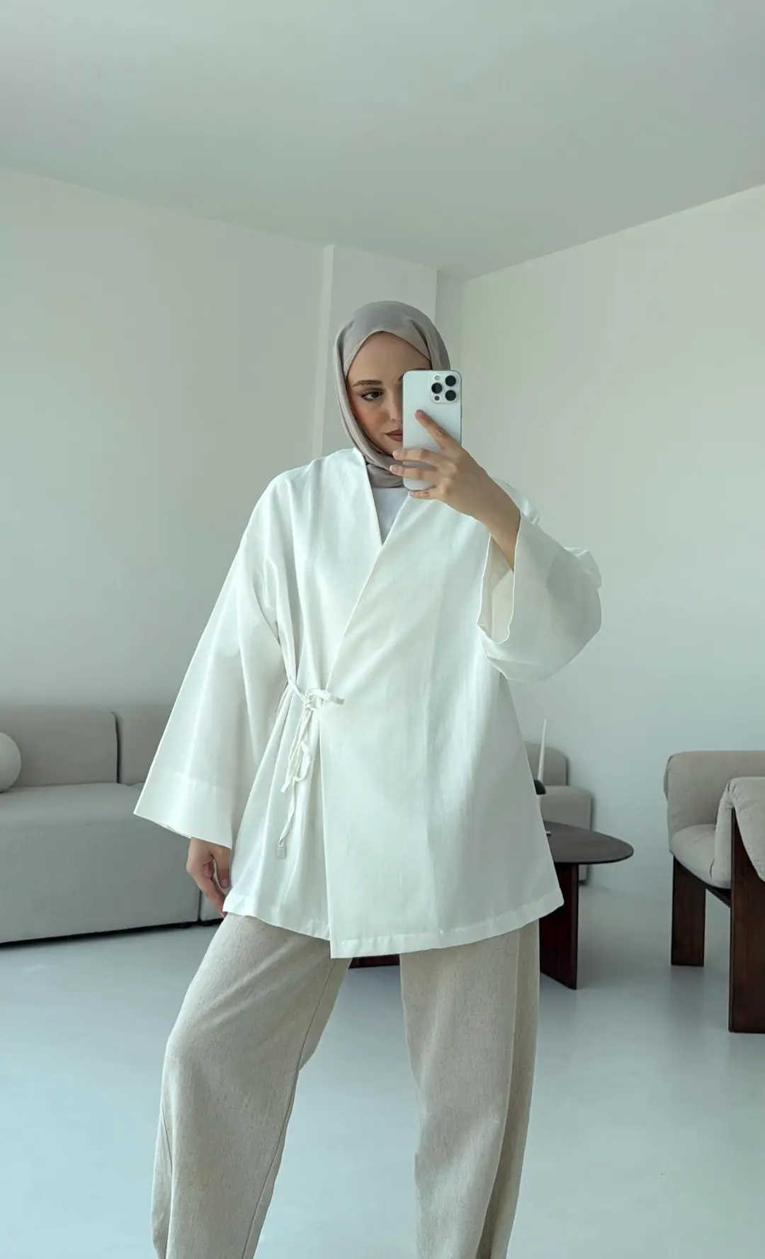 Pamuk Keten Yandan Bağlamalı Kimono Beyaz