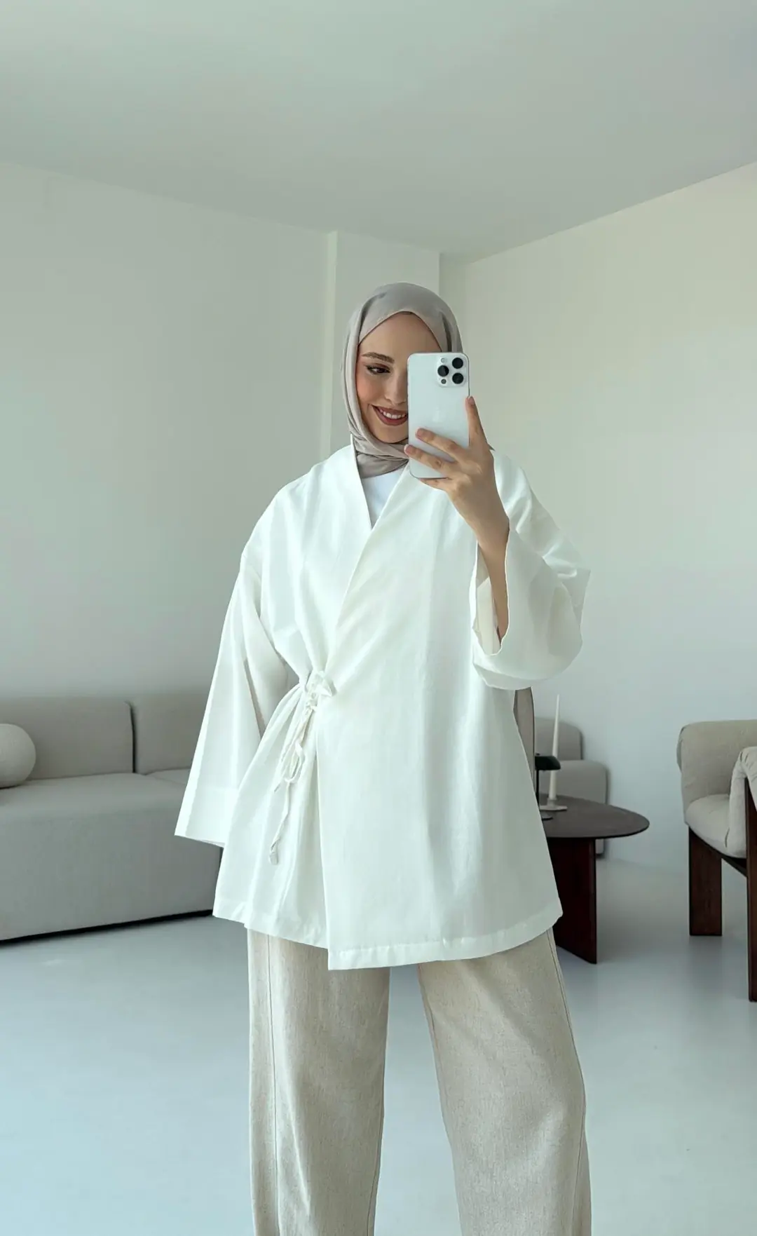 Pamuk Keten Yandan Bağlamalı Kimono Beyaz