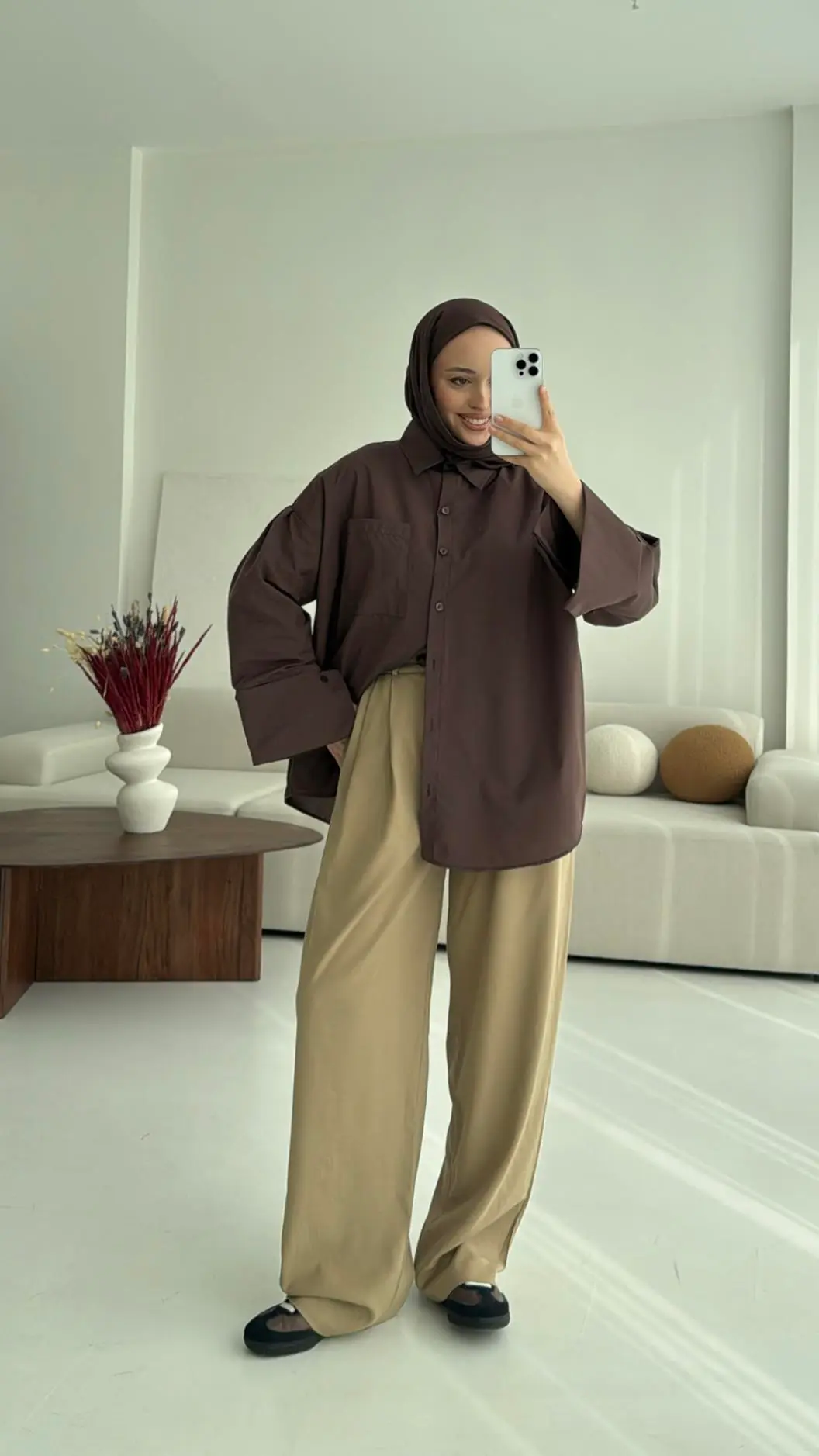 Kalın Manşetli Oversize Kahve Gömlek