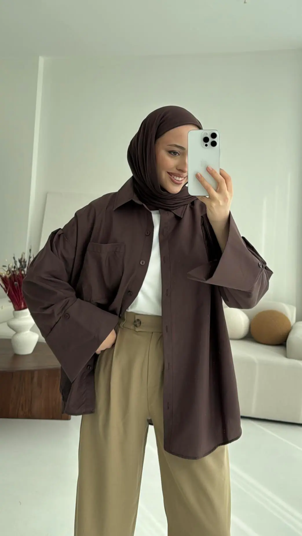 Kalın Manşetli Oversize Kahve Gömlek