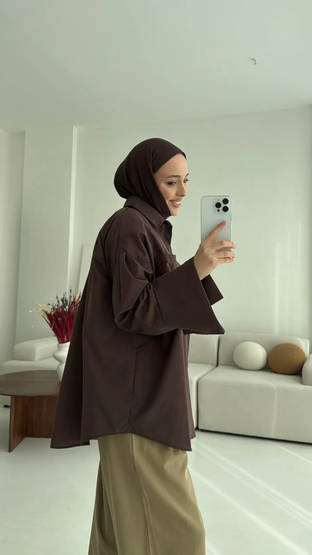 Kalın Manşetli Oversize Kahve Gömlek