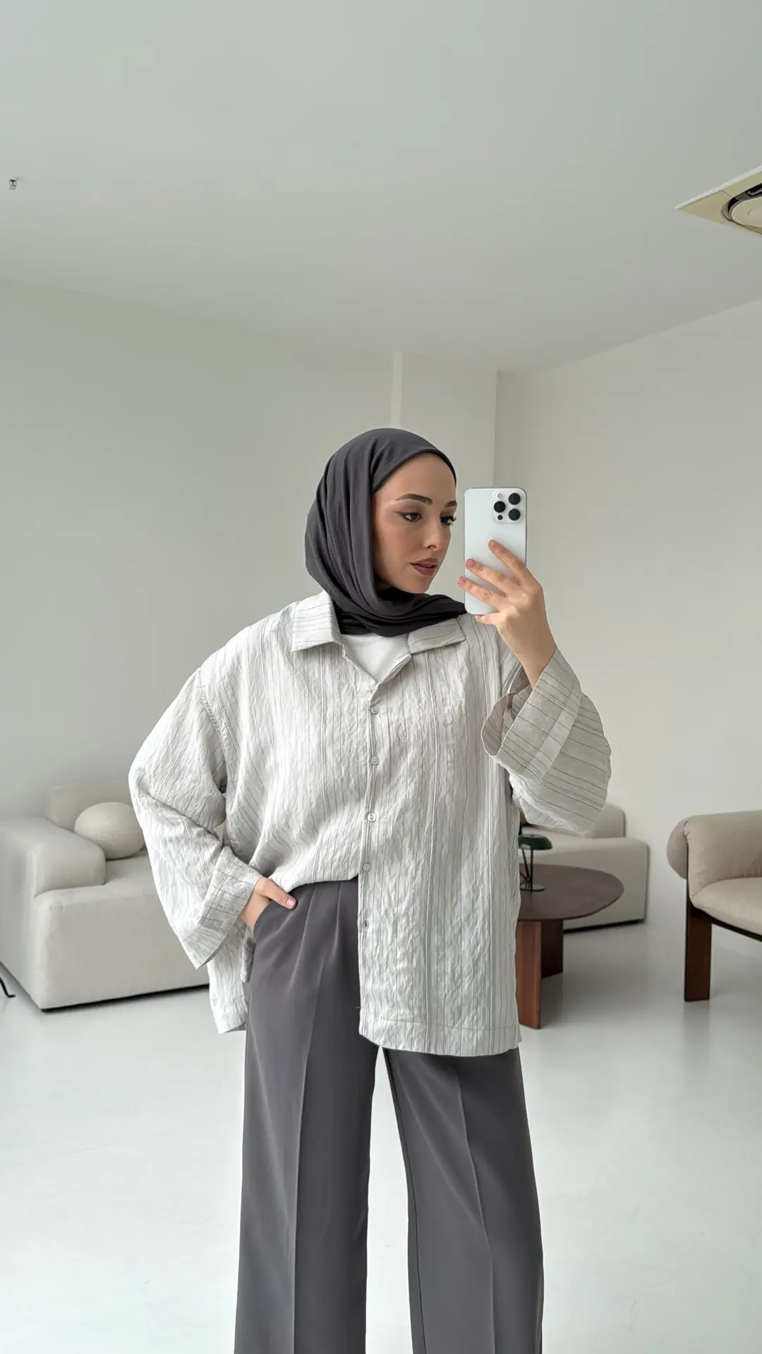 Çizgili Oversize Dökümlü Gömlek Taş