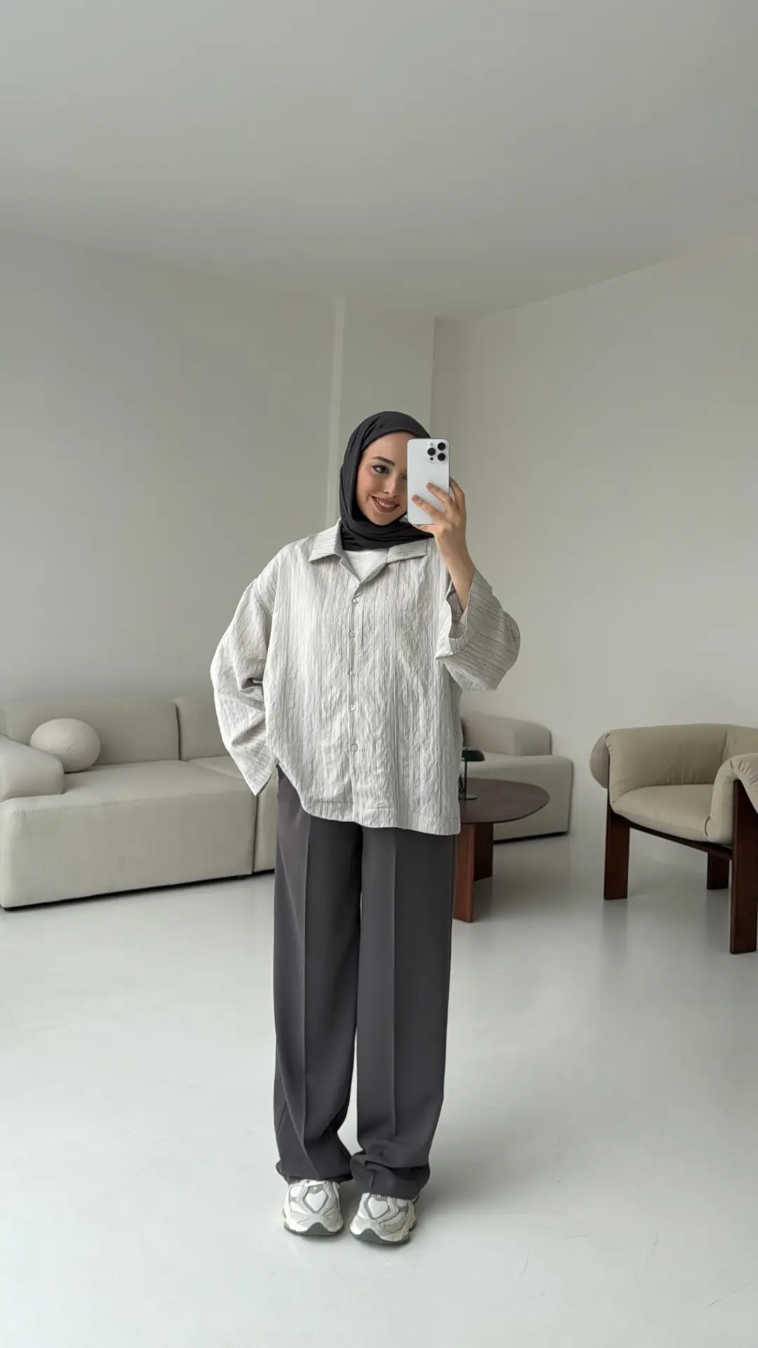 Çizgili Oversize Dökümlü Gömlek Taş
