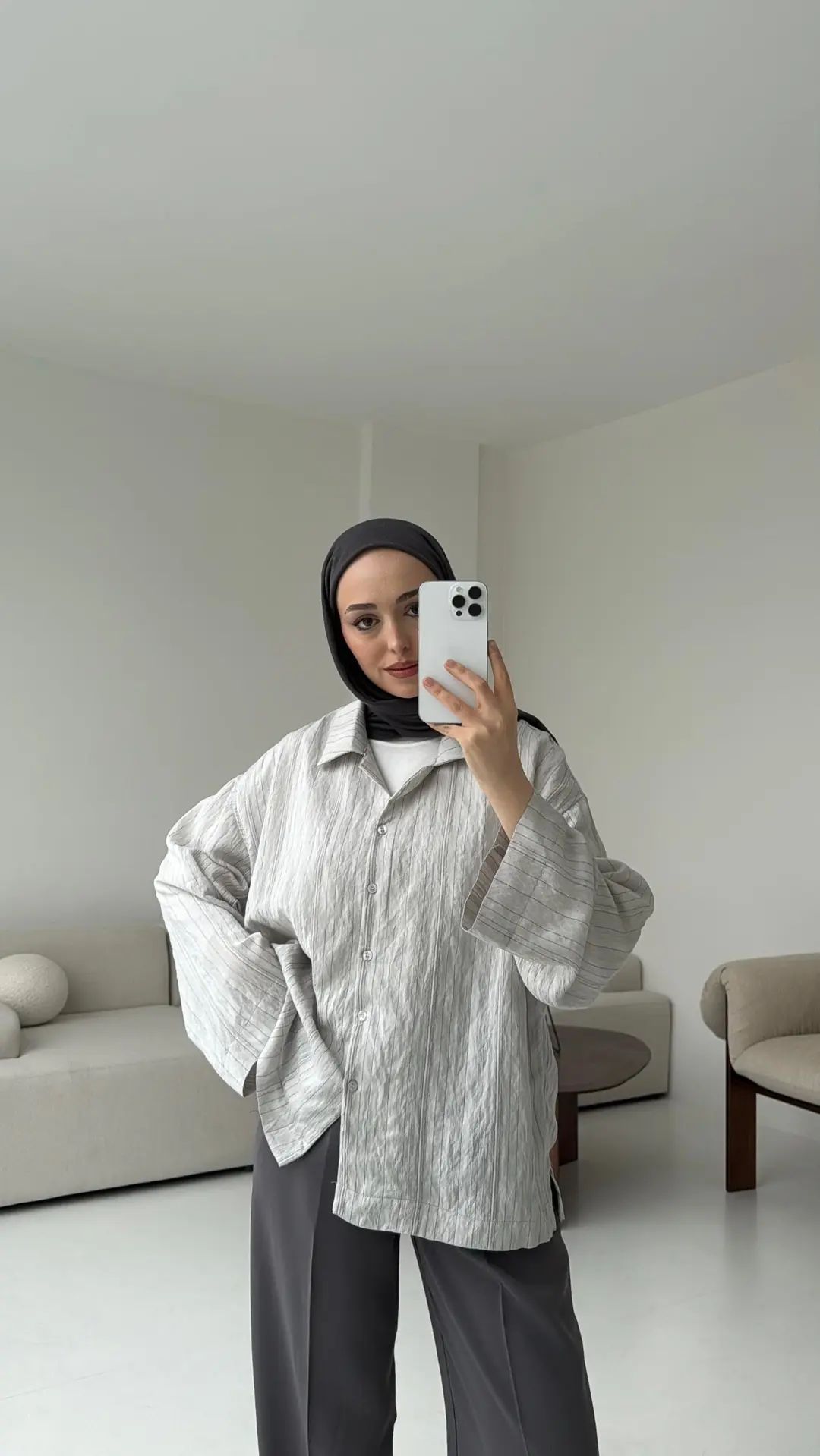 Çizgili Oversize Dökümlü Gömlek Taş