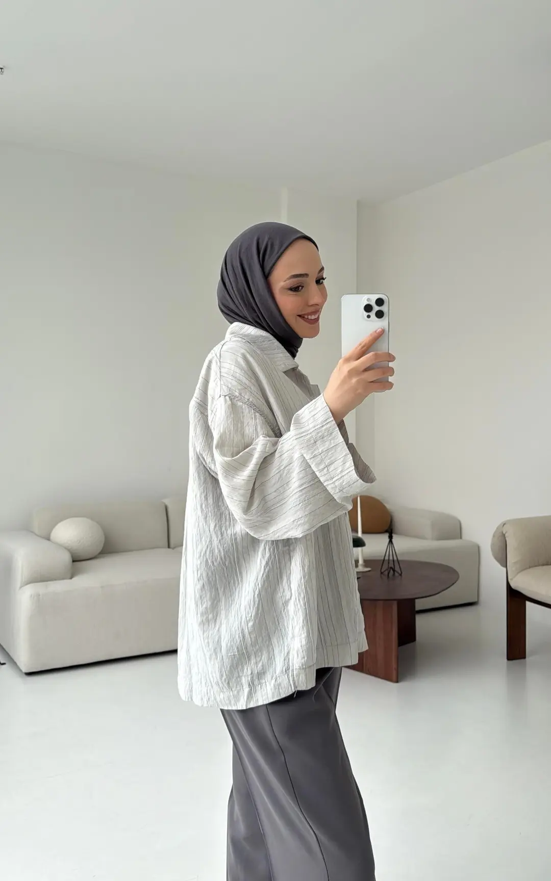 Çizgili Oversize Dökümlü Gömlek Taş
