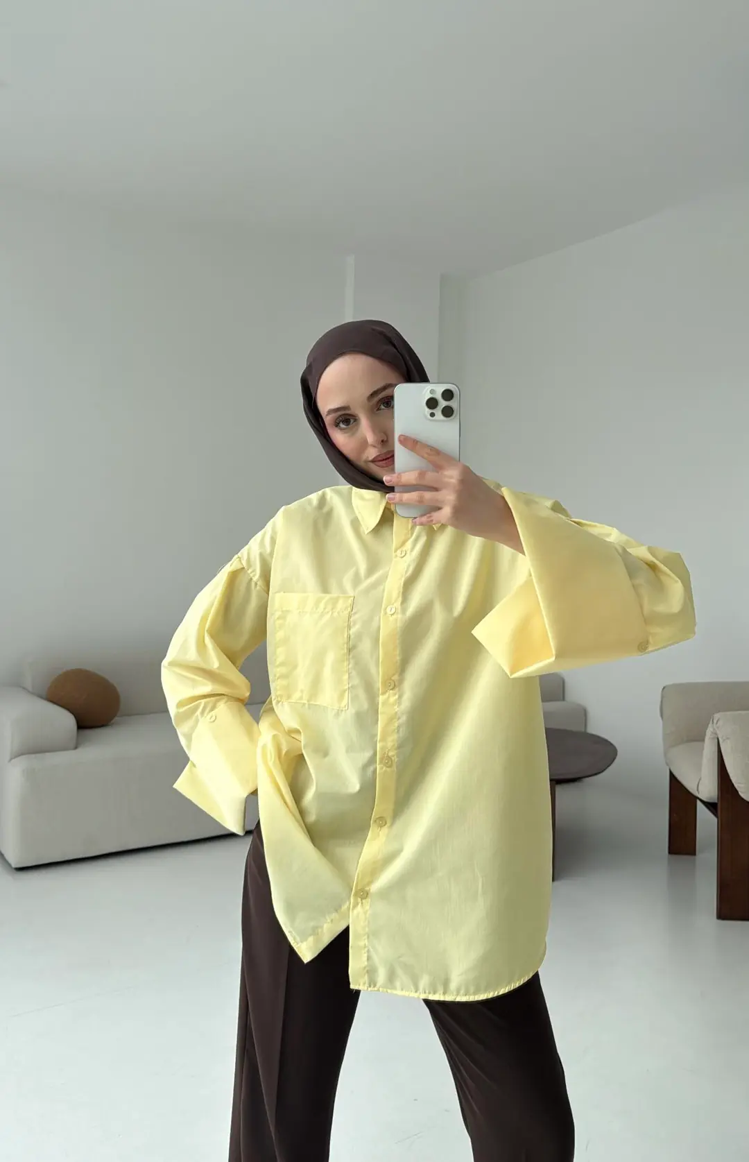 Kalın Manşetli Oversize Sarı Gömlek