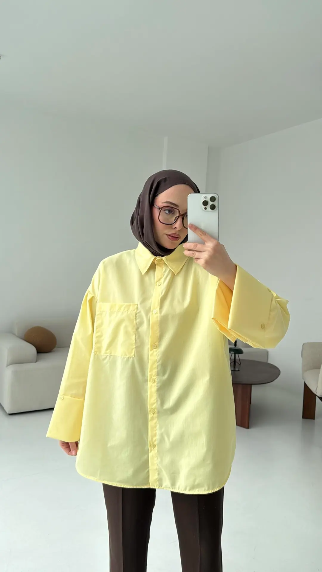 Kalın Manşetli Oversize Sarı Gömlek
