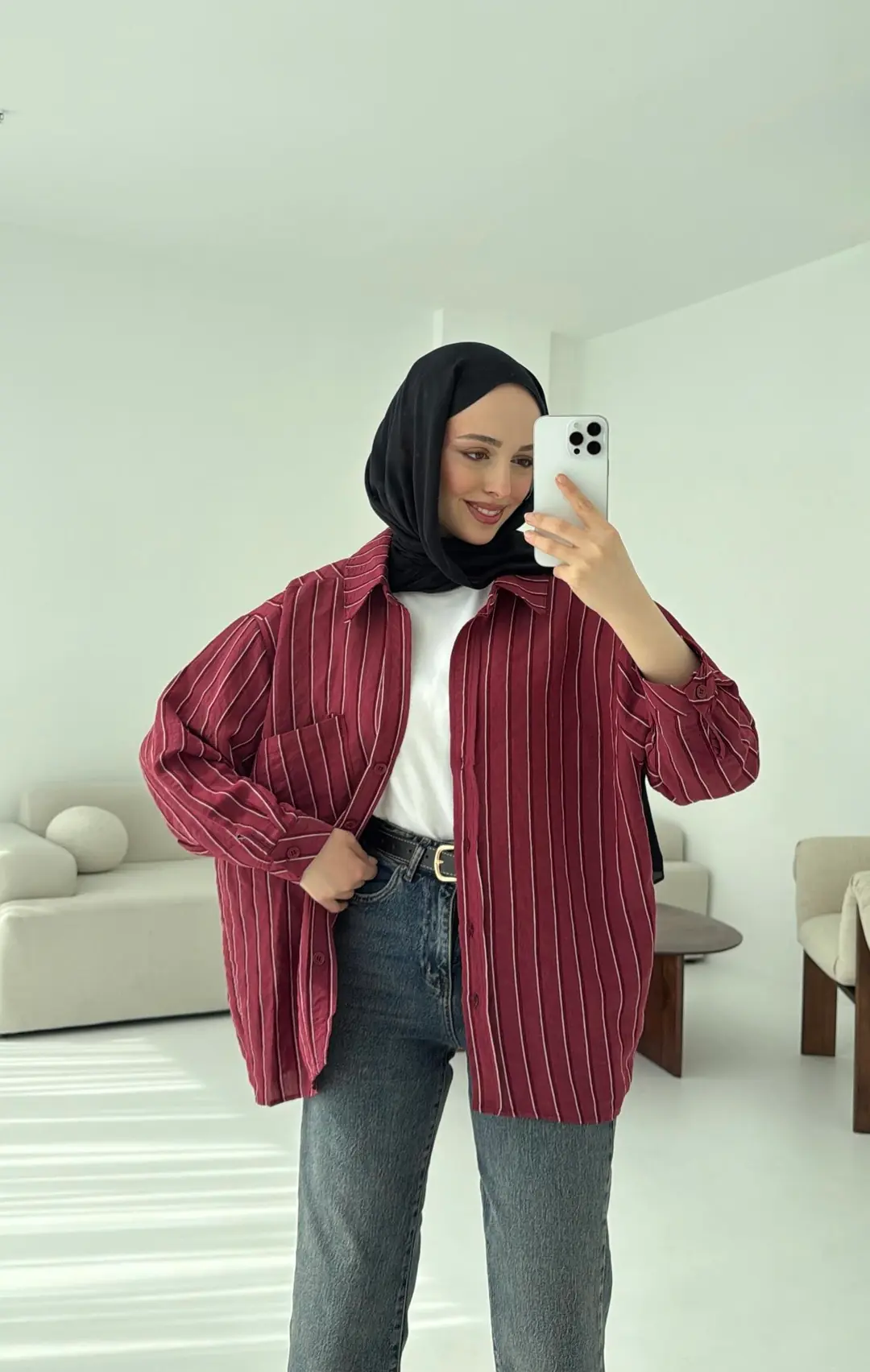 Düşük Omuz Çizgili Gömlek Bordo