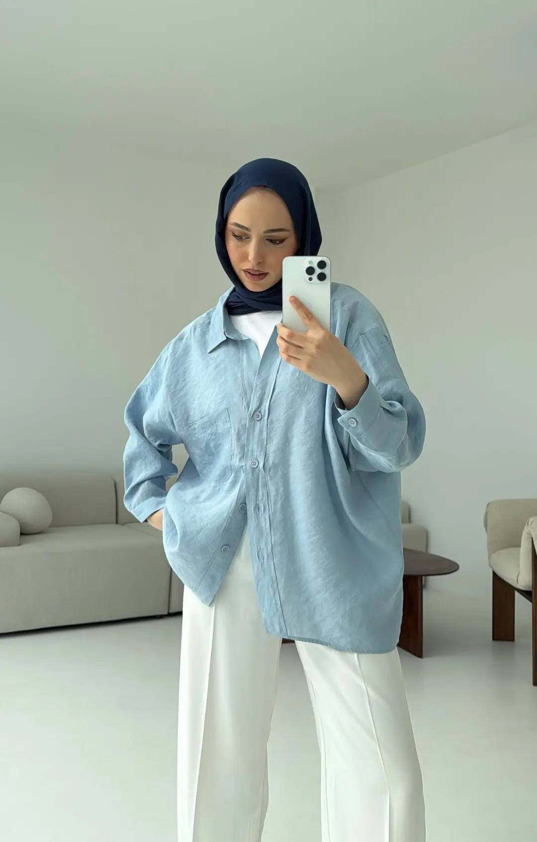 Düşük Omuz Oversize Gömlek Mavi