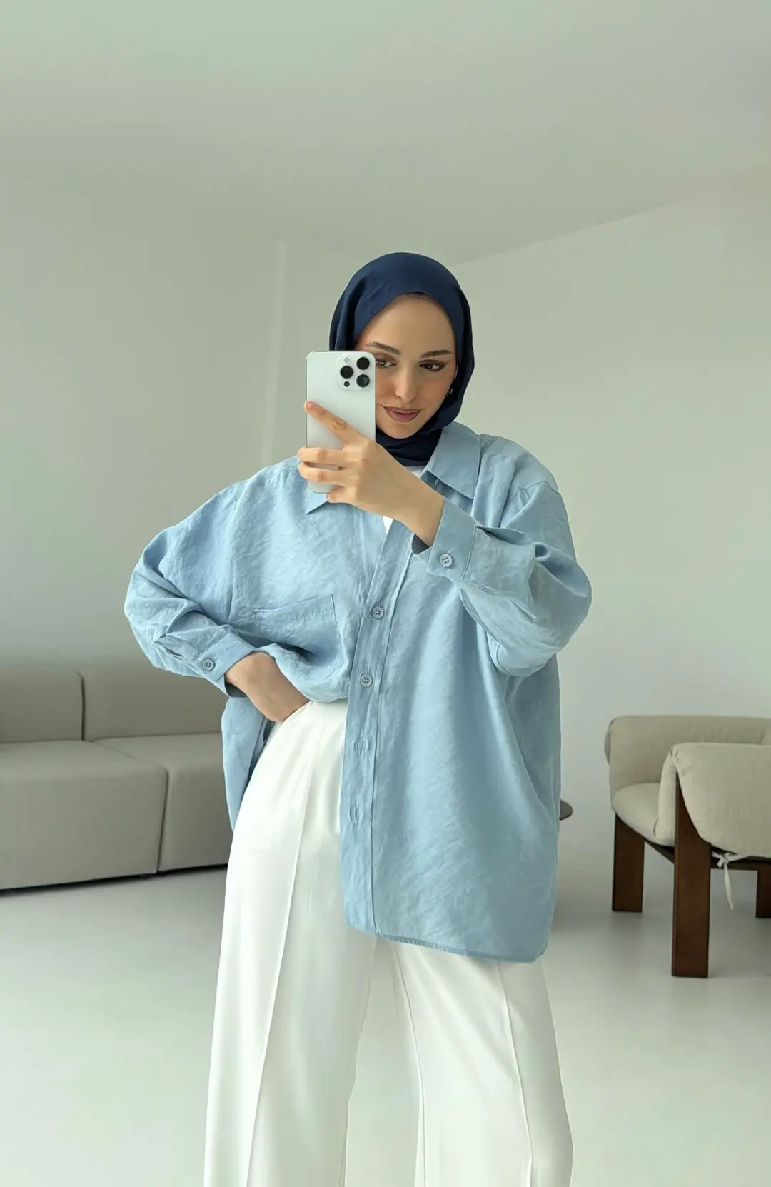 Düşük Omuz Oversize Gömlek Mavi