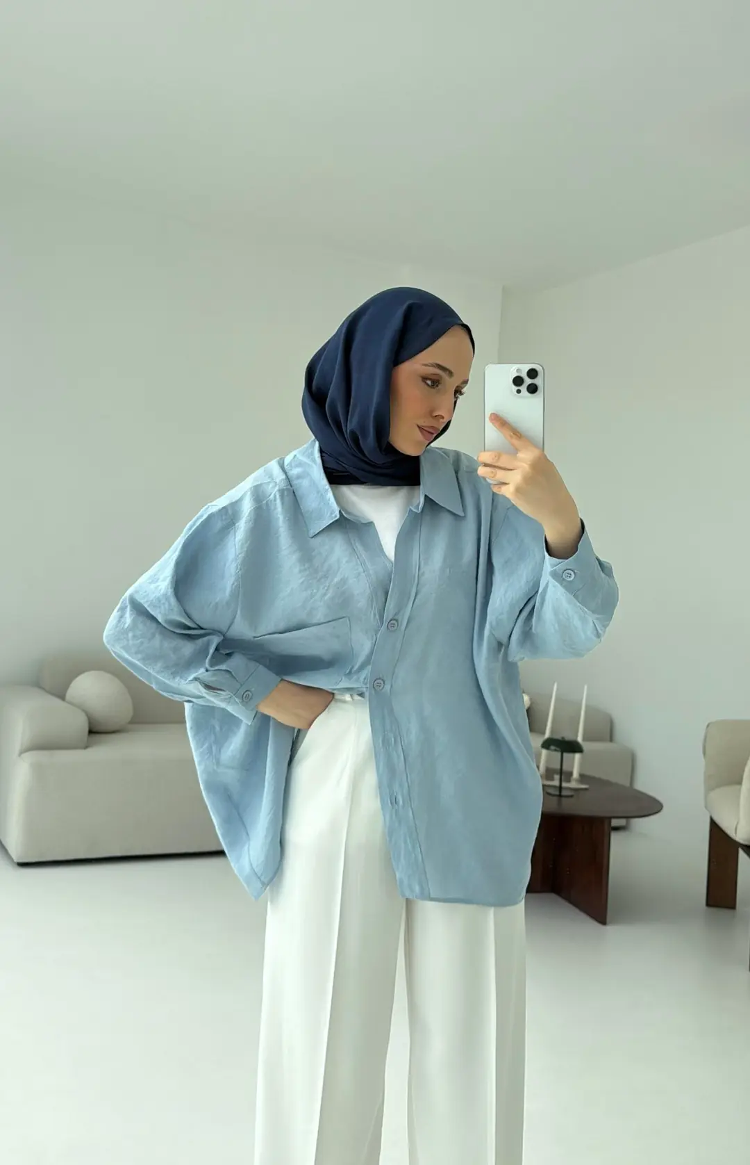 Düşük Omuz Oversize Gömlek Mavi