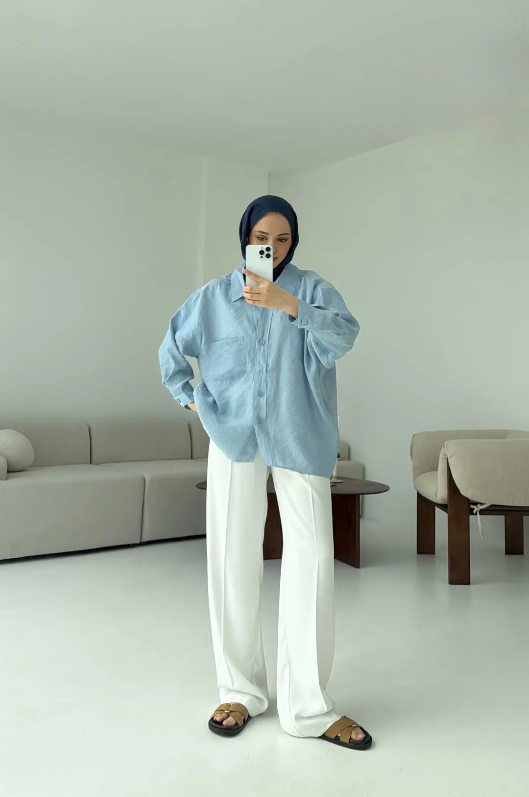 Düşük Omuz Oversize Gömlek Mavi