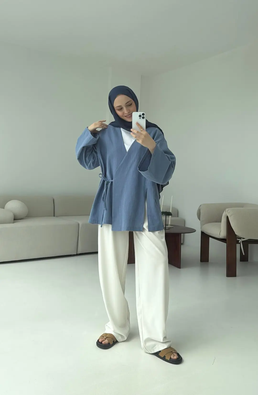 İndigo Yırtmaç Detay Keten Kimono